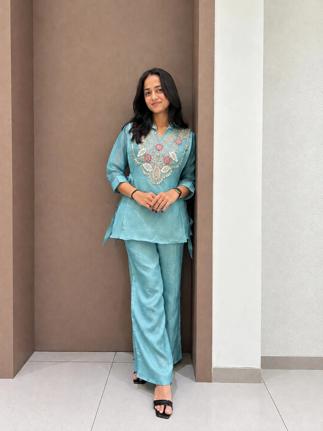 VIDALA CLOTHINGS Designer Salsa Silk Three-Piece Co-Ord Set for Women | 27-Inch Top | 39-Inch Palazzo | Shrug with Beads and Sequence Embroidery.