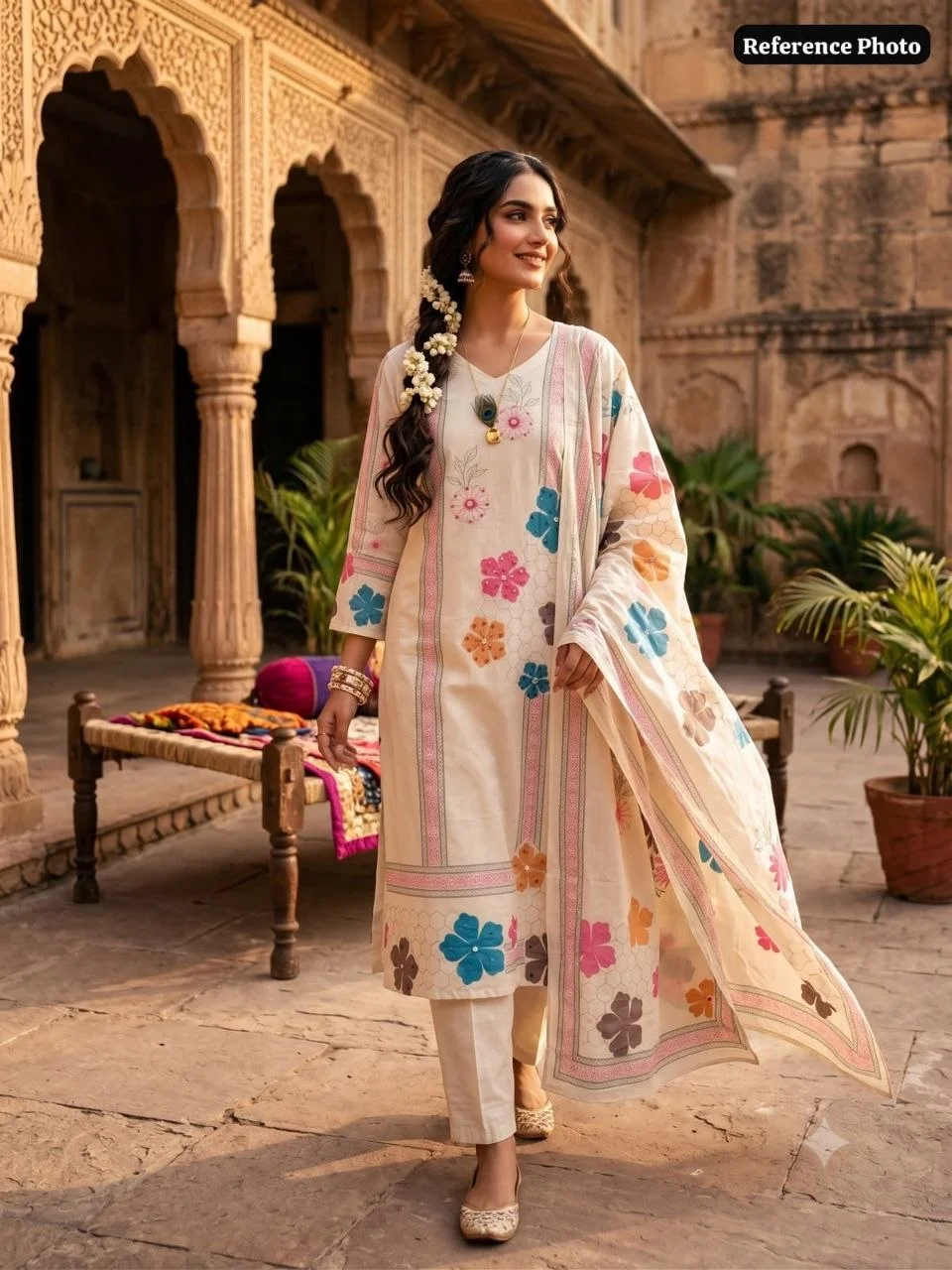 VIDALA CLOTHINGS Pure Khadi Cotton Cream Straight Kurti with Pant & Digitally Printed Dupatta Set