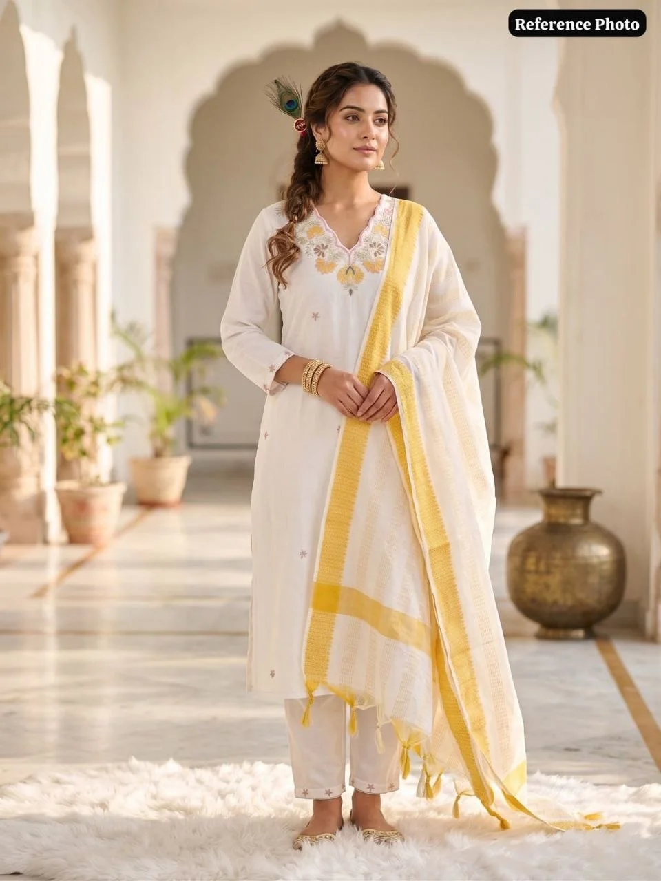 VIDALA CLOTHINGS White Pure Khadi Cotton Straight Kurti with Pant & Tassel Dupatta Set