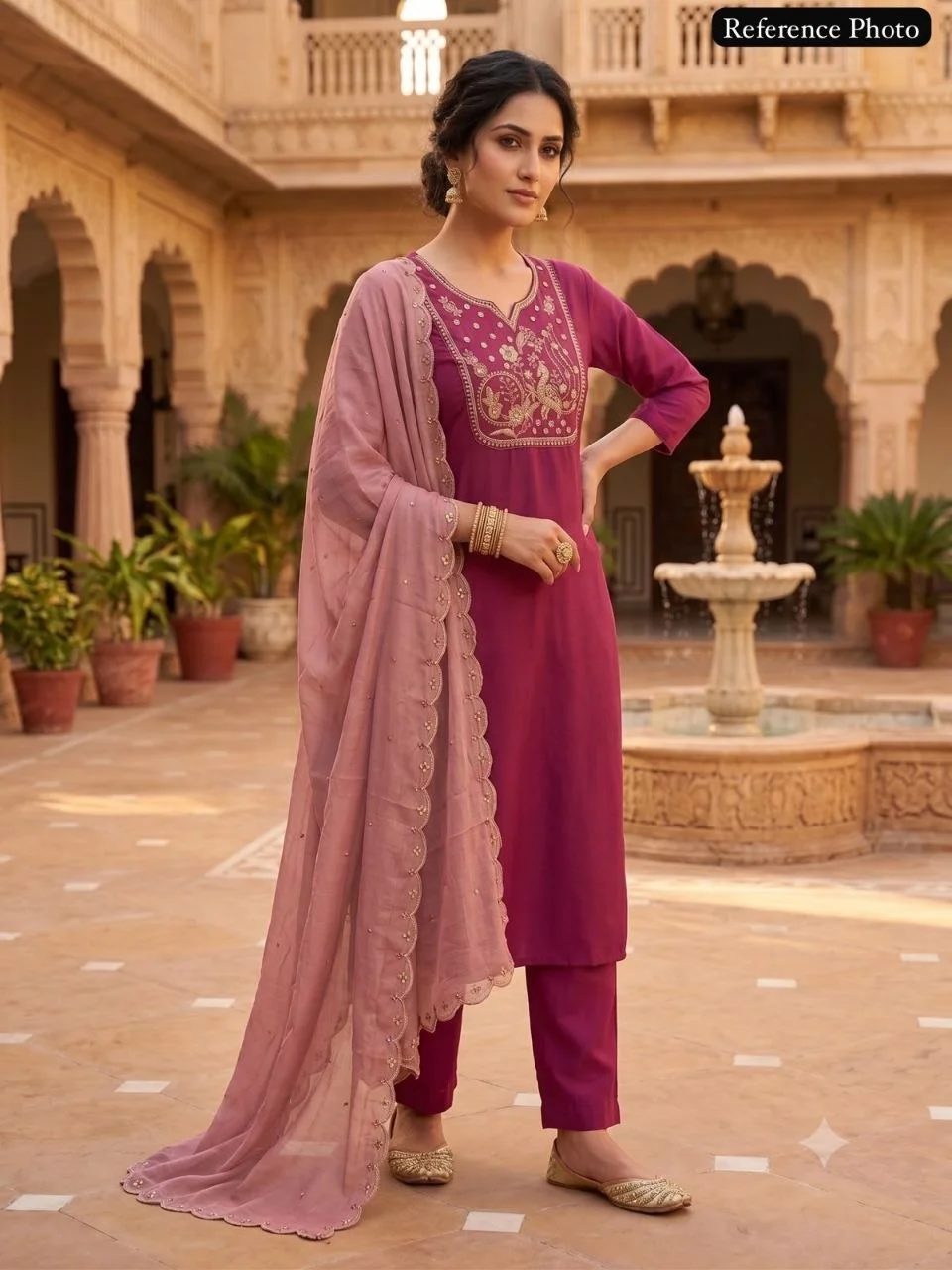 VIDALA CLOTHINGS Rouge Pink Roman Silk Straight Kurti with Pant & Embroidered Cutwork Dupatta Set in Magenta