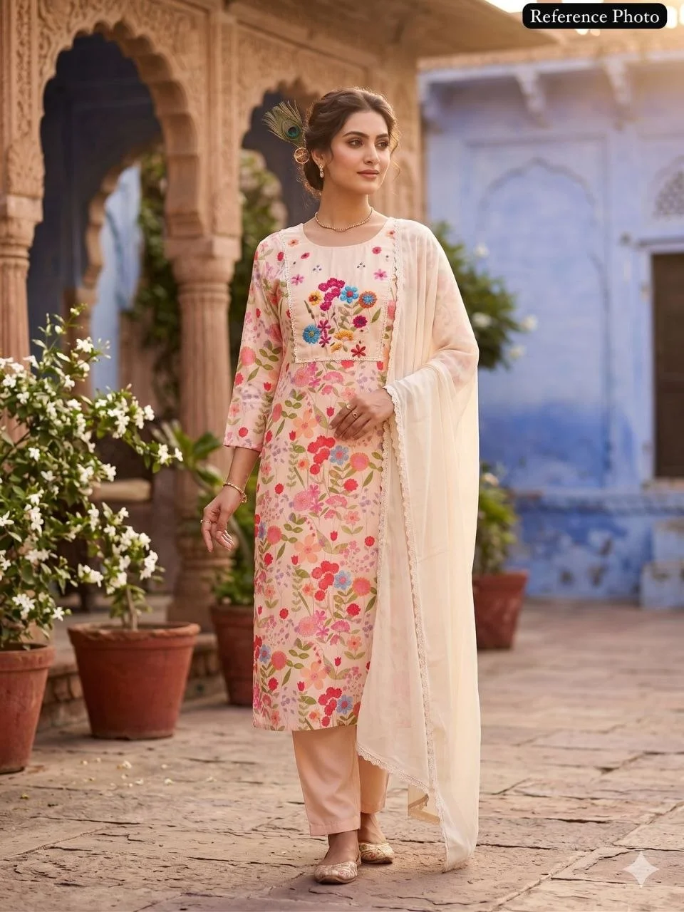 VIDALA CLOTHINGS Beige Cream Pure Linen Cotton Straight Kurti with Pant & Nazneen Dupatta Set