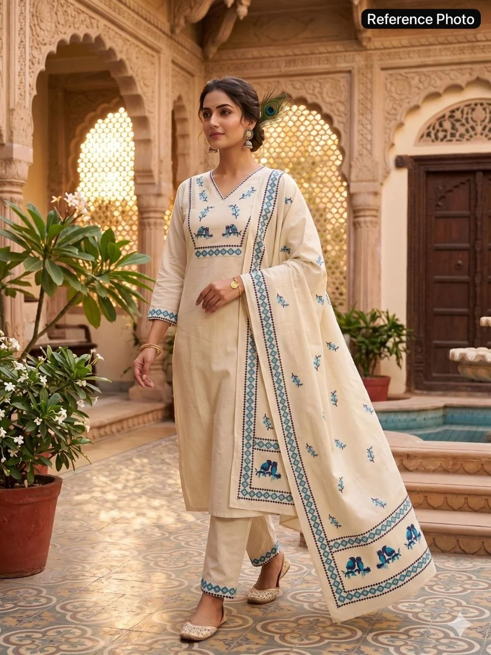 VIDALA CLOTHINGS Cream Pure Khadi Cotton Straight Kurti with Pant & Digitally Printed Dupatta Set