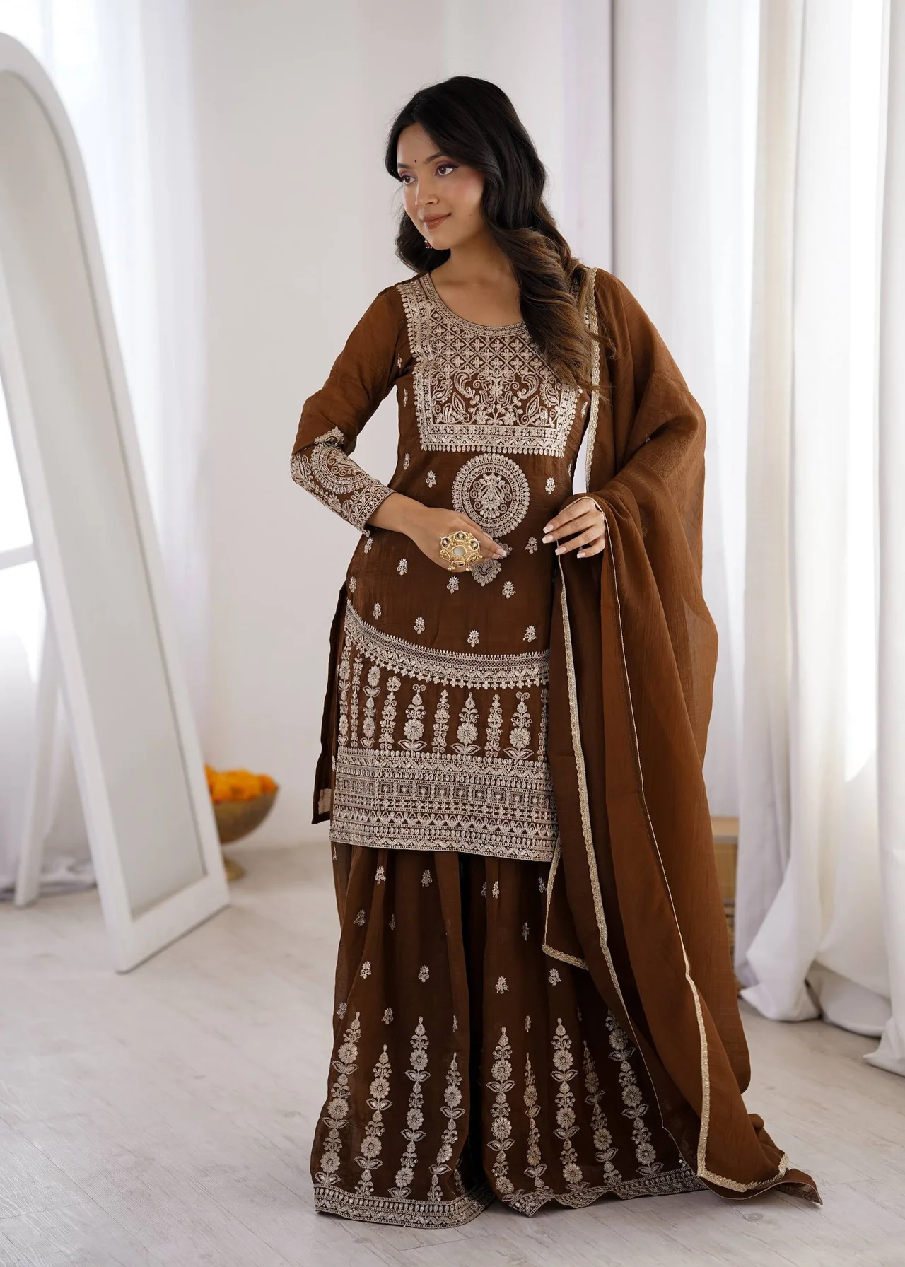VIDALA CLOTHINGS Pure Soft Crunchy Silk Ready to Wear Short Kurta with Heavy Flare Sharara & Lace Dupatta Set in Coffee Brown