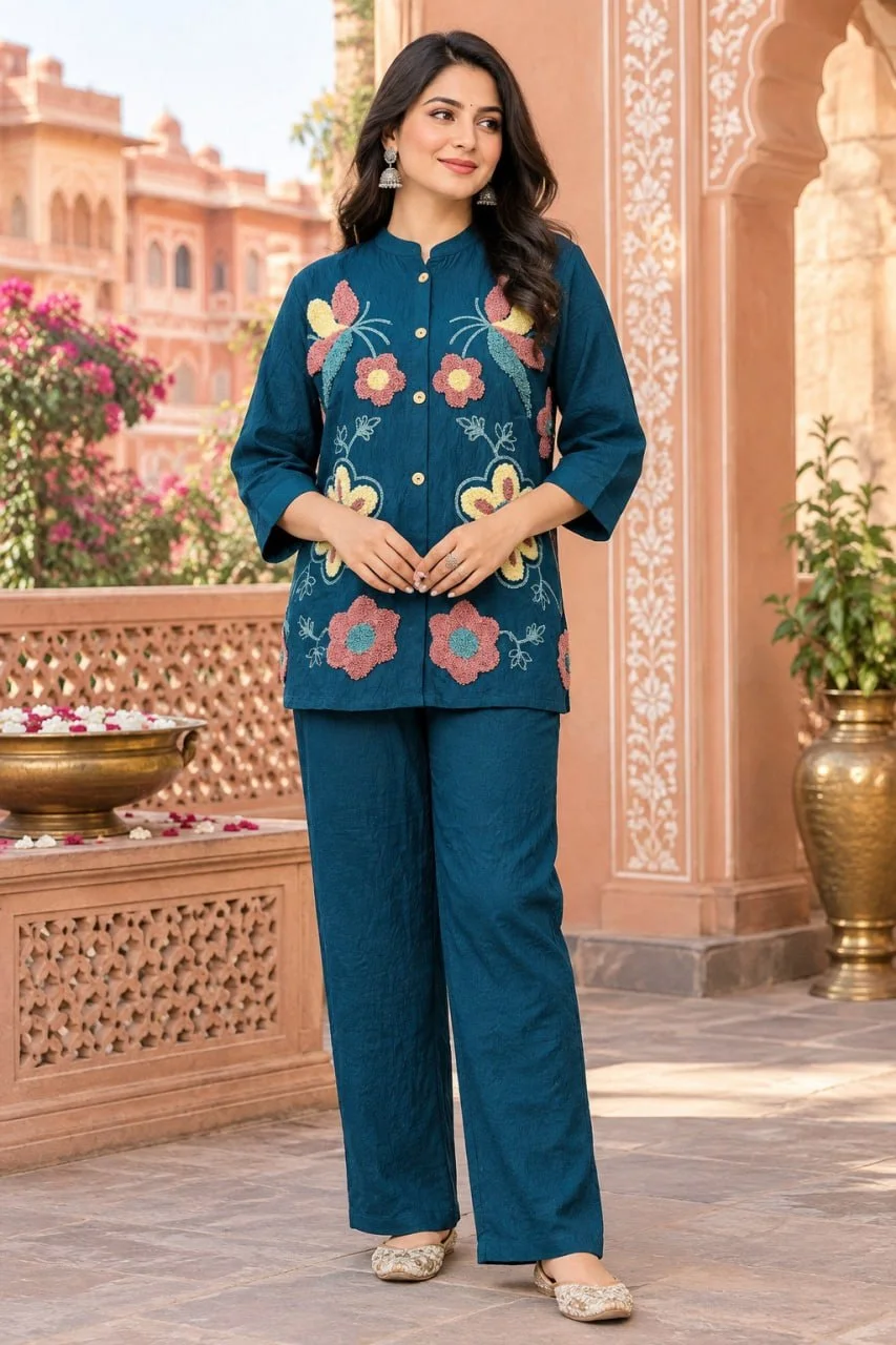 VIDALA CLOTHINGS Premium NV Herringbone Fabric Festive Top and Pant Co-ord Set | Heavy Loop Work Indo-Western Ethnic Set for Women