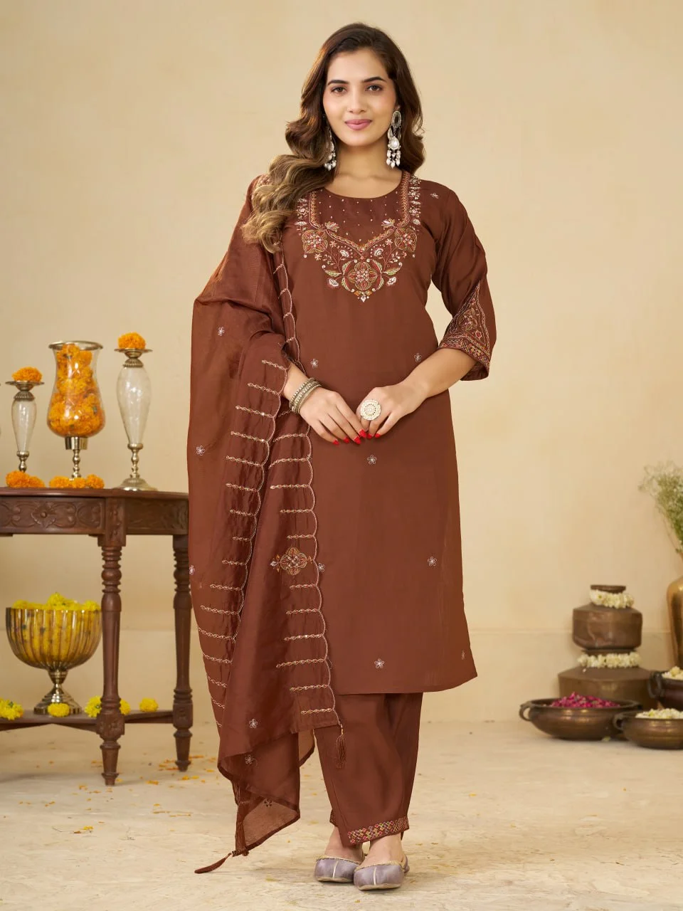 VIDALA CLOTHINGS Marina Silk Straight Kurti with Pant & Muslin Dupatta Set in Brown