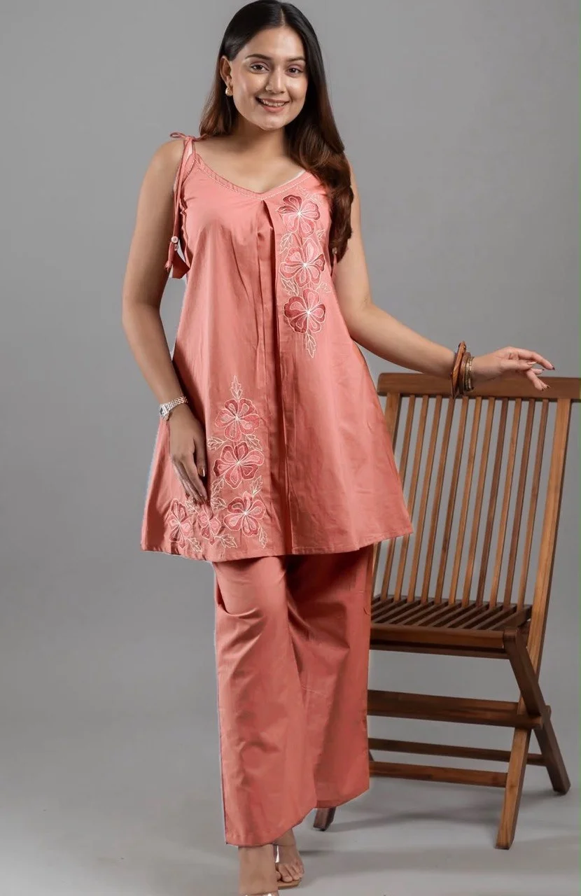 Peach Pink Embroidered Sleeveless Kurta Palazzo Set for Women Ethnic Wear Collection