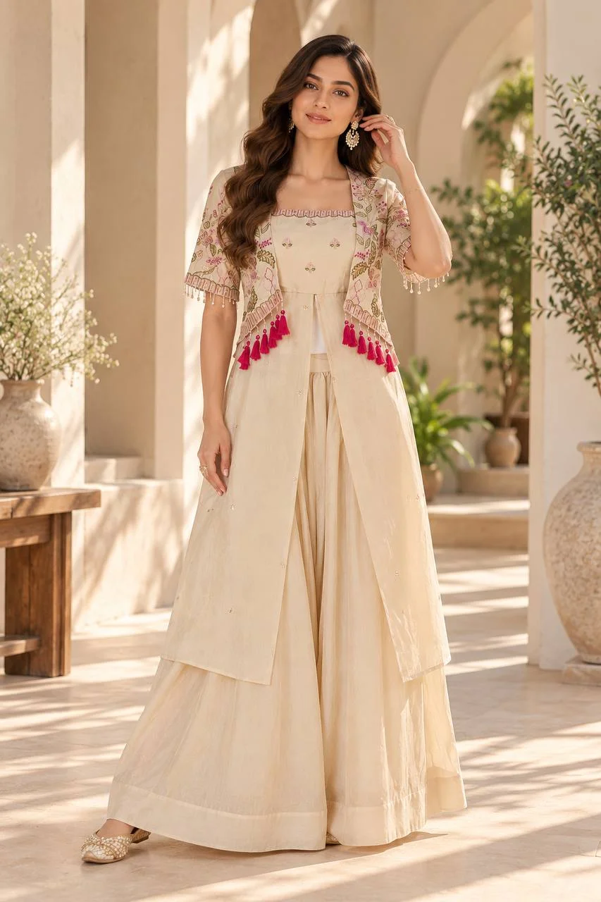 VIDALA CLOTHINGS Pure Vichitra Silk Embroidered Top & French Crepe Flared Palazzo Set with Organza Cape | 3-Piece Fusion Indo-Western Set