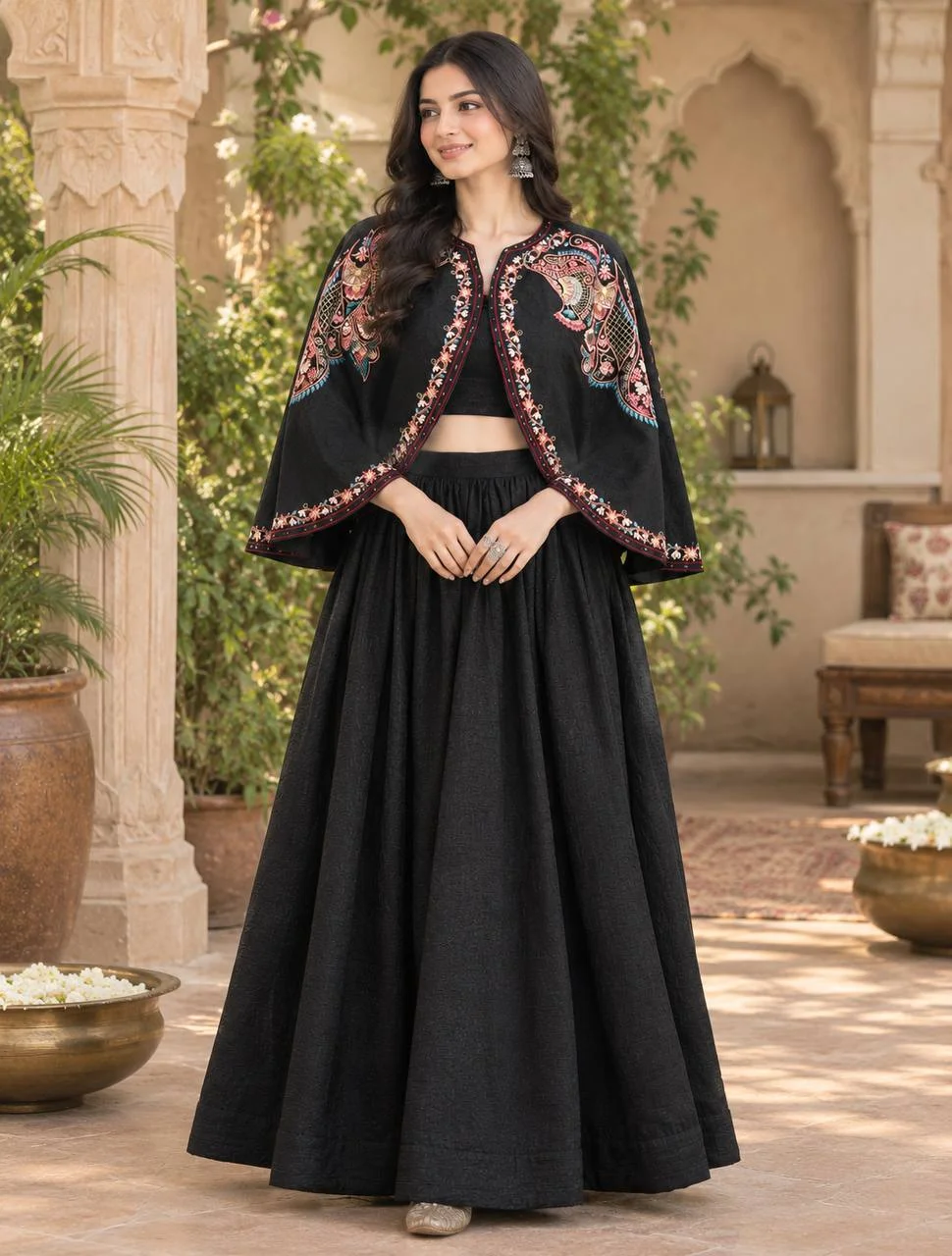 VIDALA CLOTHINGS Classic Black Crunchy Silk Crop Top & Flared Lehenga Skirt with Multicolor Floral Embroidered Cape