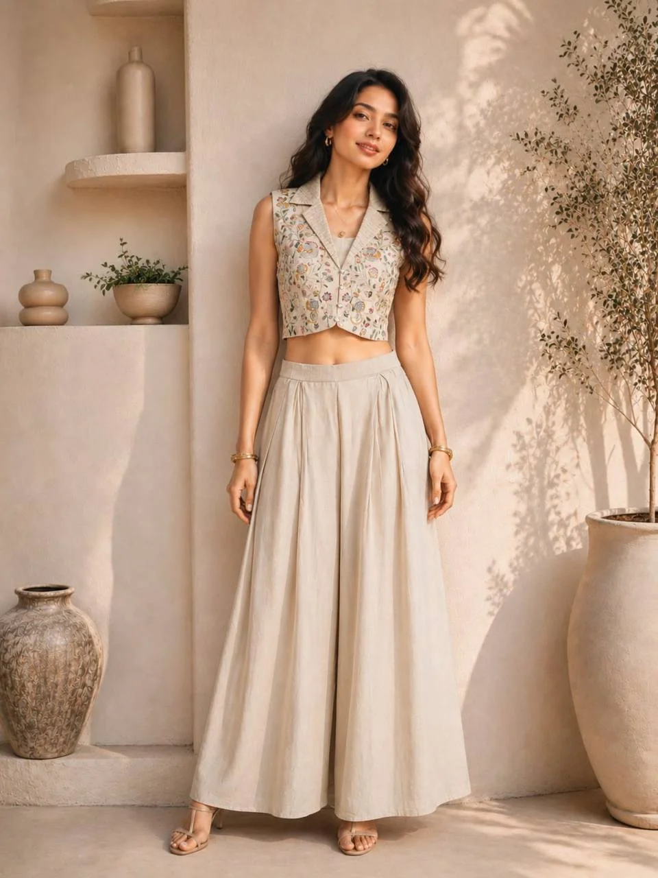 VIDALA CLOTHINGS Premium Vichitra Silk Cropped Waistcoat Top with Palazzo Pants Set in Cream