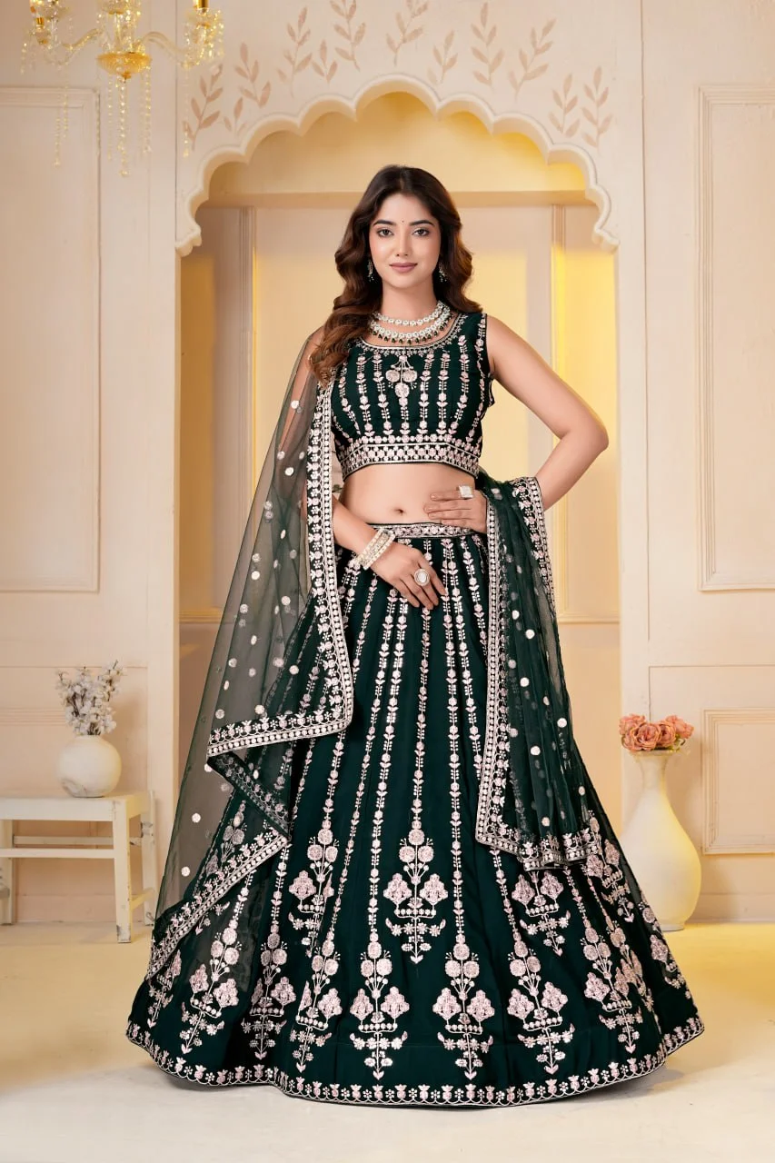 VIDALA CLOTHINGS Georgette Bridal Lehenga Choli Set with Unstitched Blouse Piece & Net Dupatta in Green