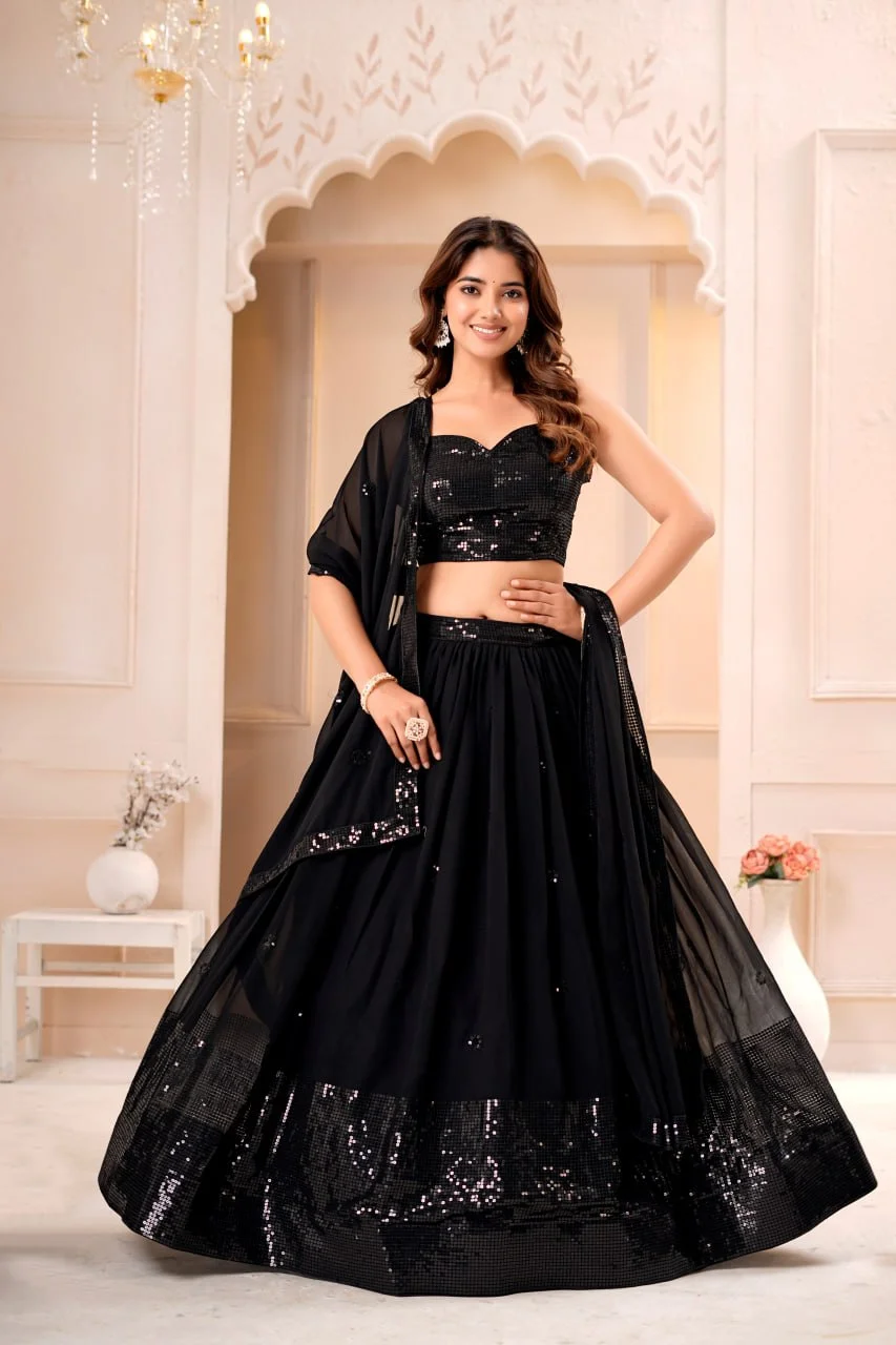 VIDALA CLOTHINGS Georgette Bridal Lehenga Choli Set with Unstitched Blouse Piece & Dupatta in Black