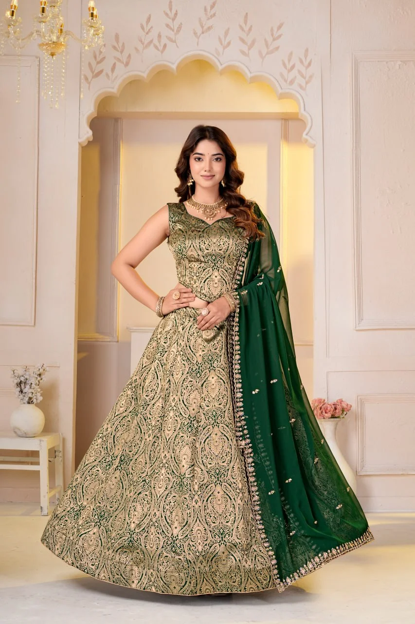 VIDALA CLOTHINGS Brocade Silk Woven Jacquard Lehenga Choli Set with Unstitched Blouse Piece & Georgette Dupatta in Green