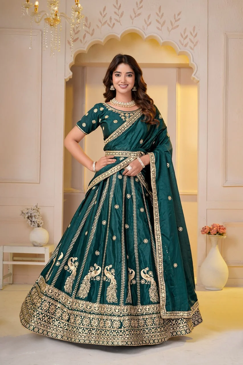 VIDALA CLOTHINGS Chinon Silk Contemporary Lehenga Choli Set with Unstitched Blouse Piece & Dupatta in Bottle Green