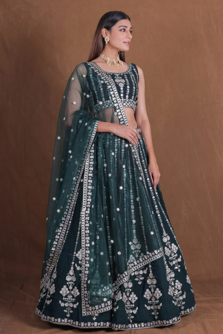 VIDALA CLOTHINGS Trending Wedding Bridesmaid Georgette Lehenga Choli Set with Unstitched Blouse Piece & Net Dupatta in Green
