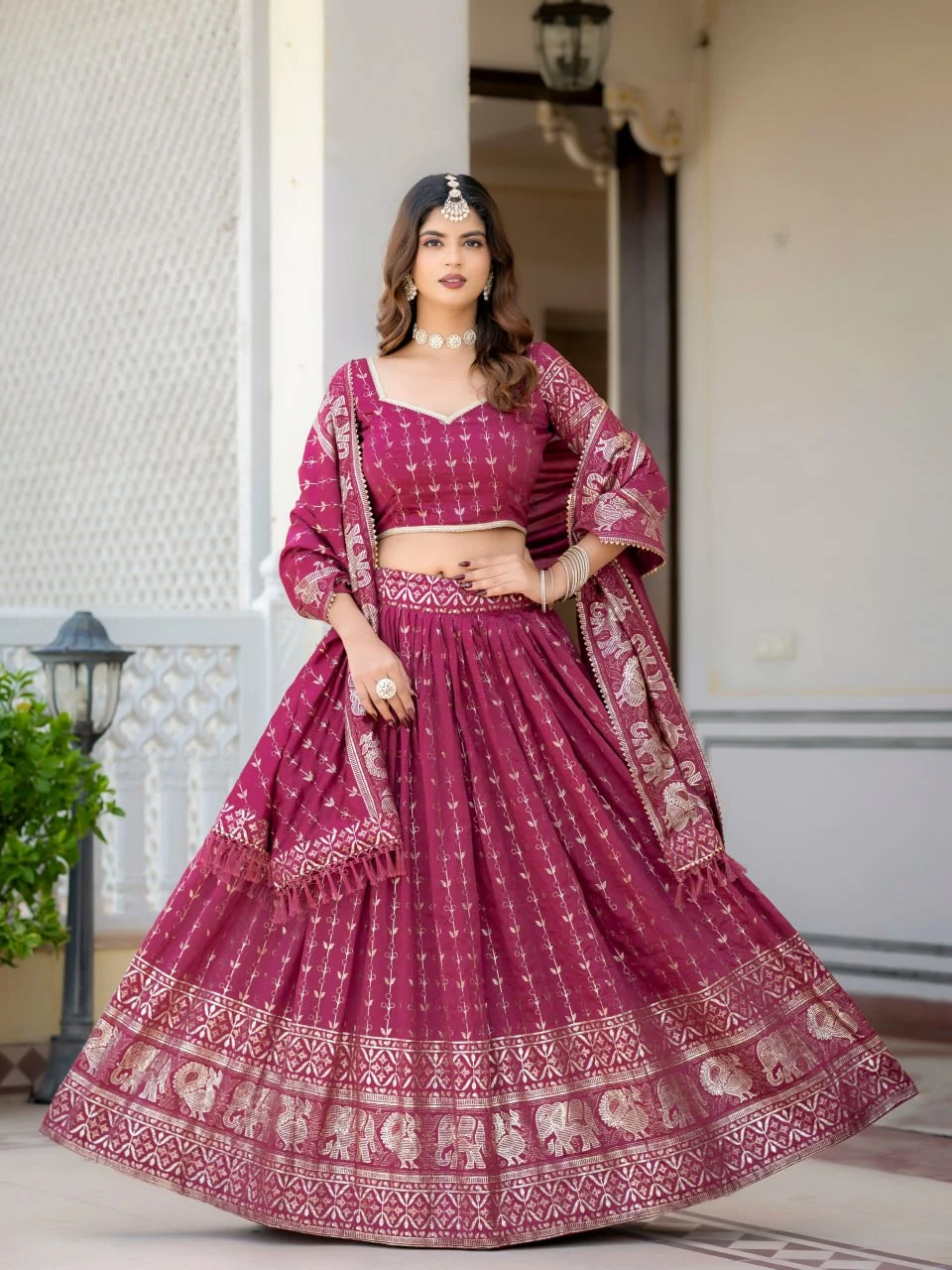 VIDALA CLOTHINGS Vichitra Silk Foil Printed & Glitter Lehenga Choli Set with Unstitched Blouse Piece & Dupatta in Magenta