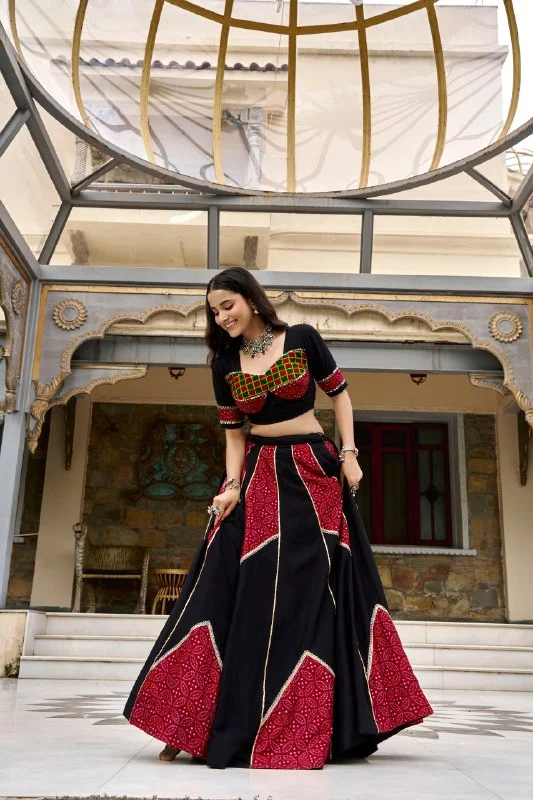 Women Ajrakh Printed Rayon Lehenga Choli with Dupatta in Black — photo 2 of 4