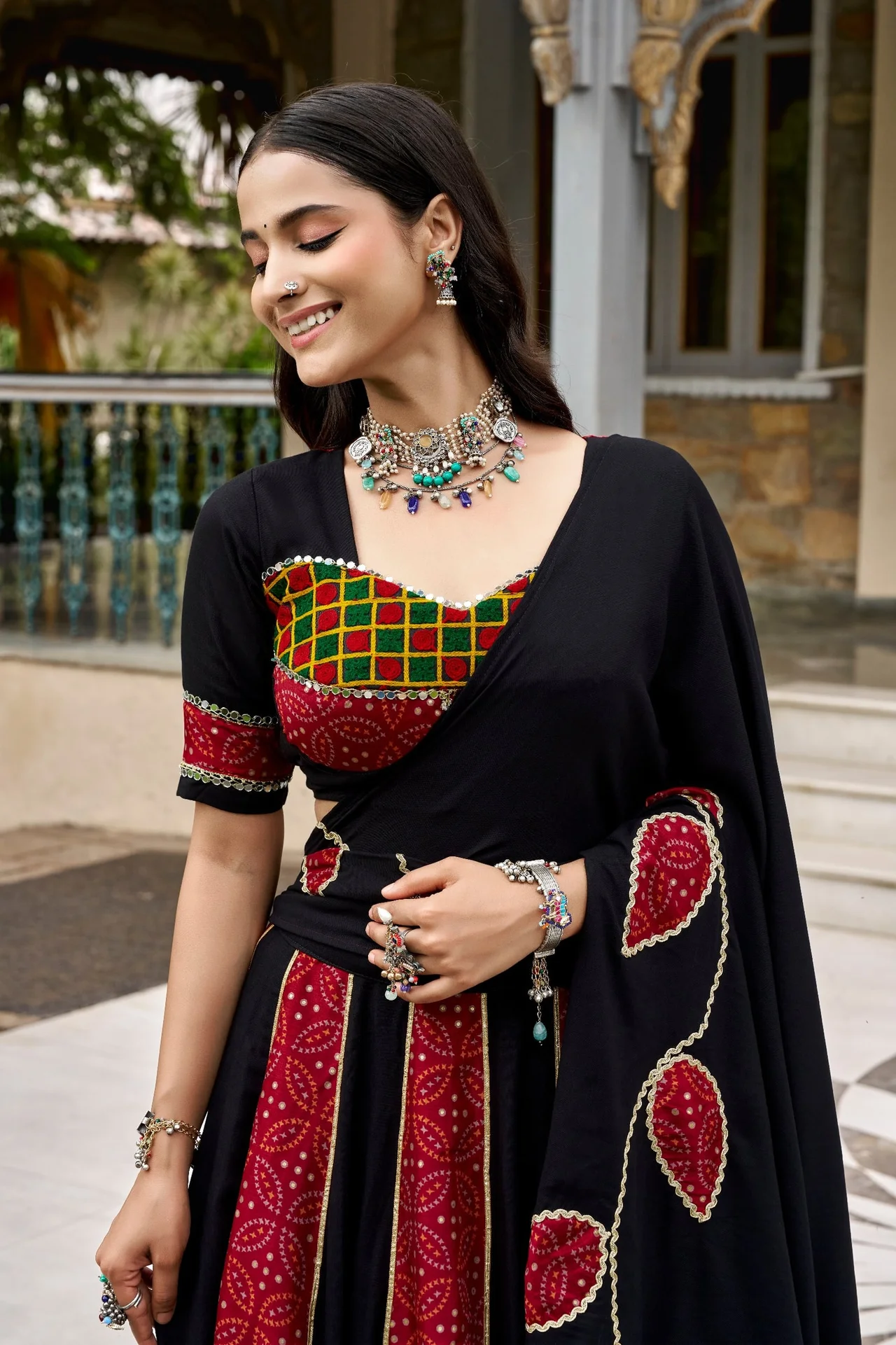 Women Ajrakh Printed Rayon Lehenga Choli with Dupatta in Black — photo 3 of 4