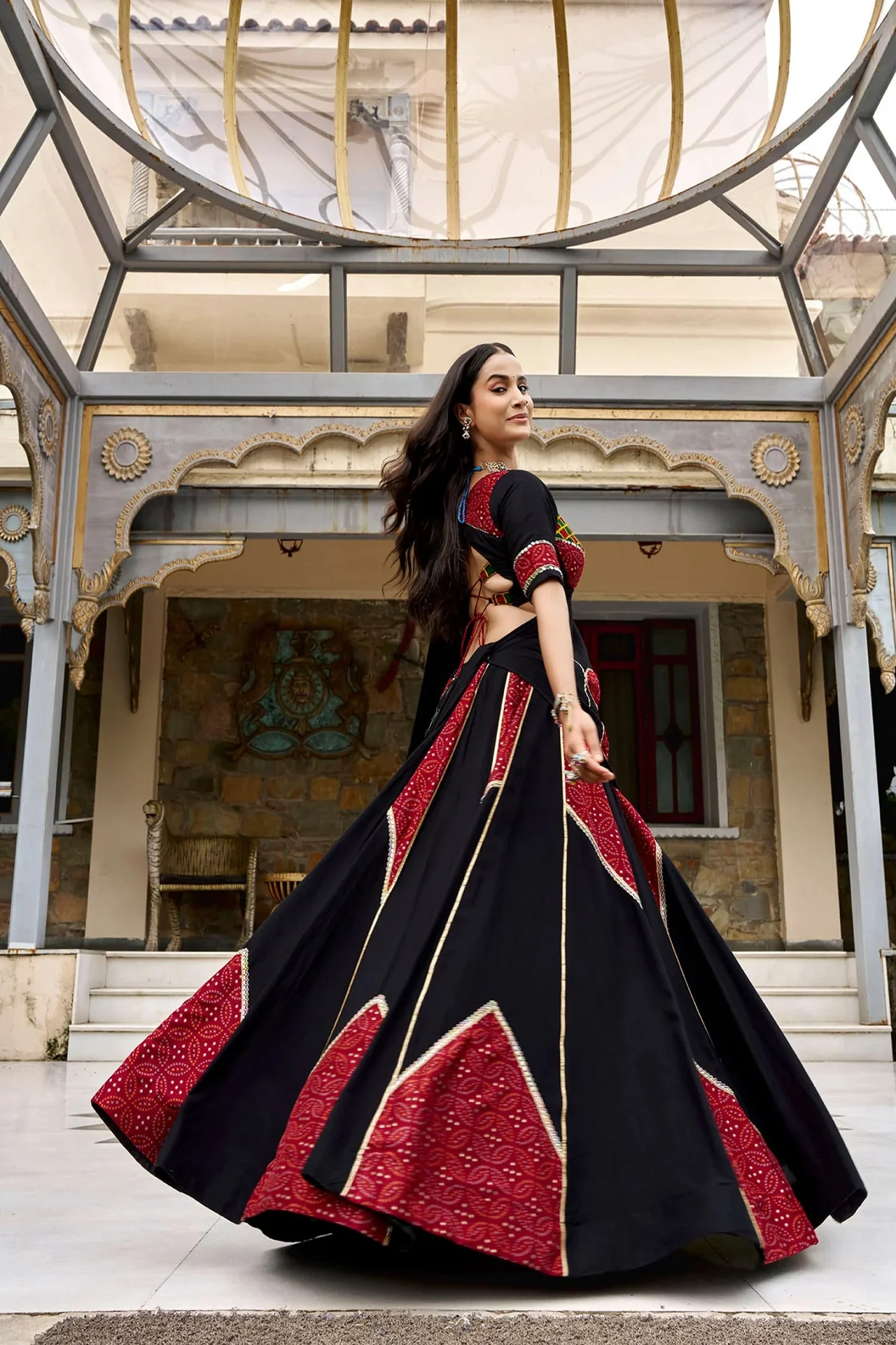 Women Ajrakh Printed Rayon Lehenga Choli with Dupatta in Black — photo 4 of 4