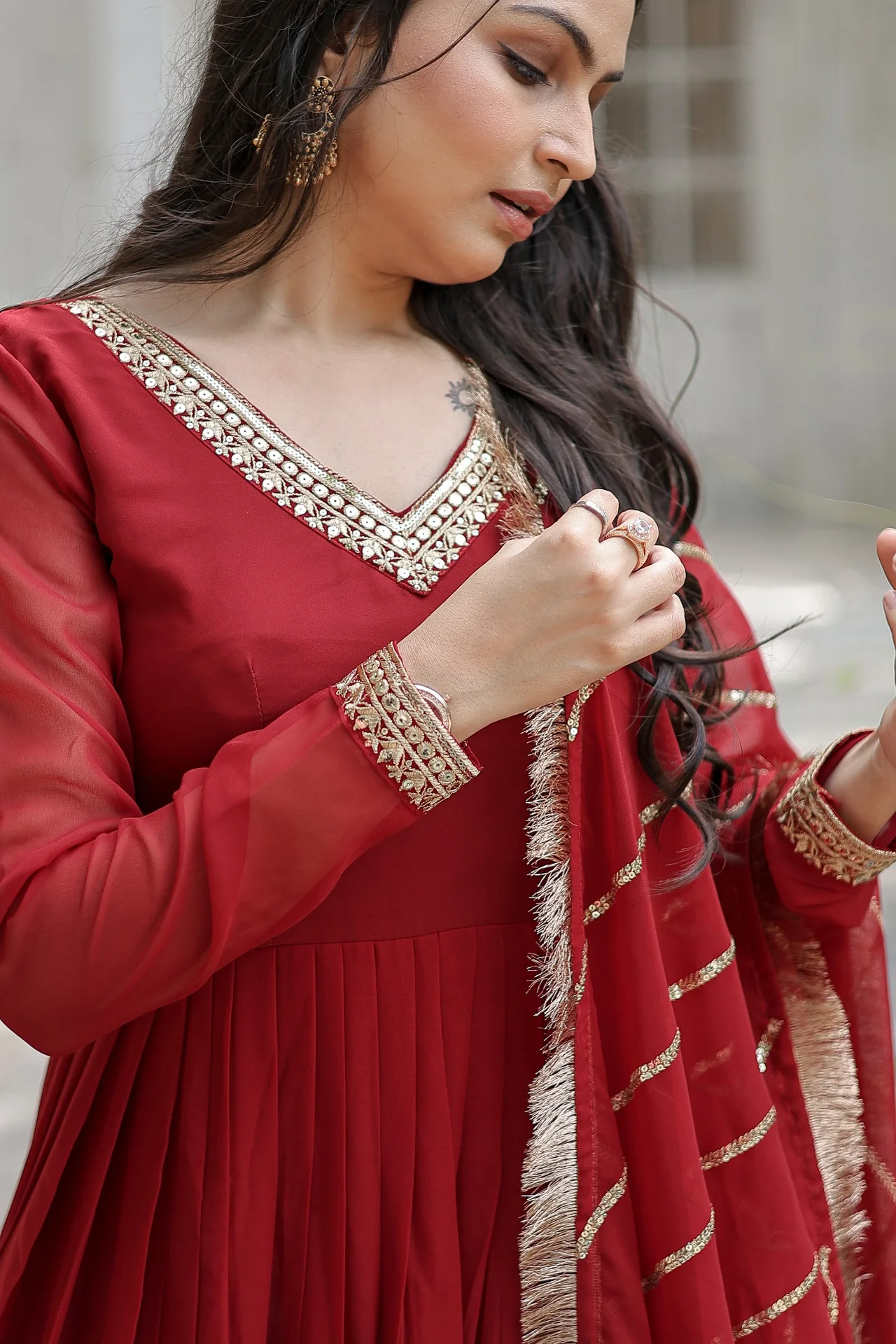 Women's Sequins Embroidered Faux Blooming Gown with Dupatta in Maroon — photo 4 of 7