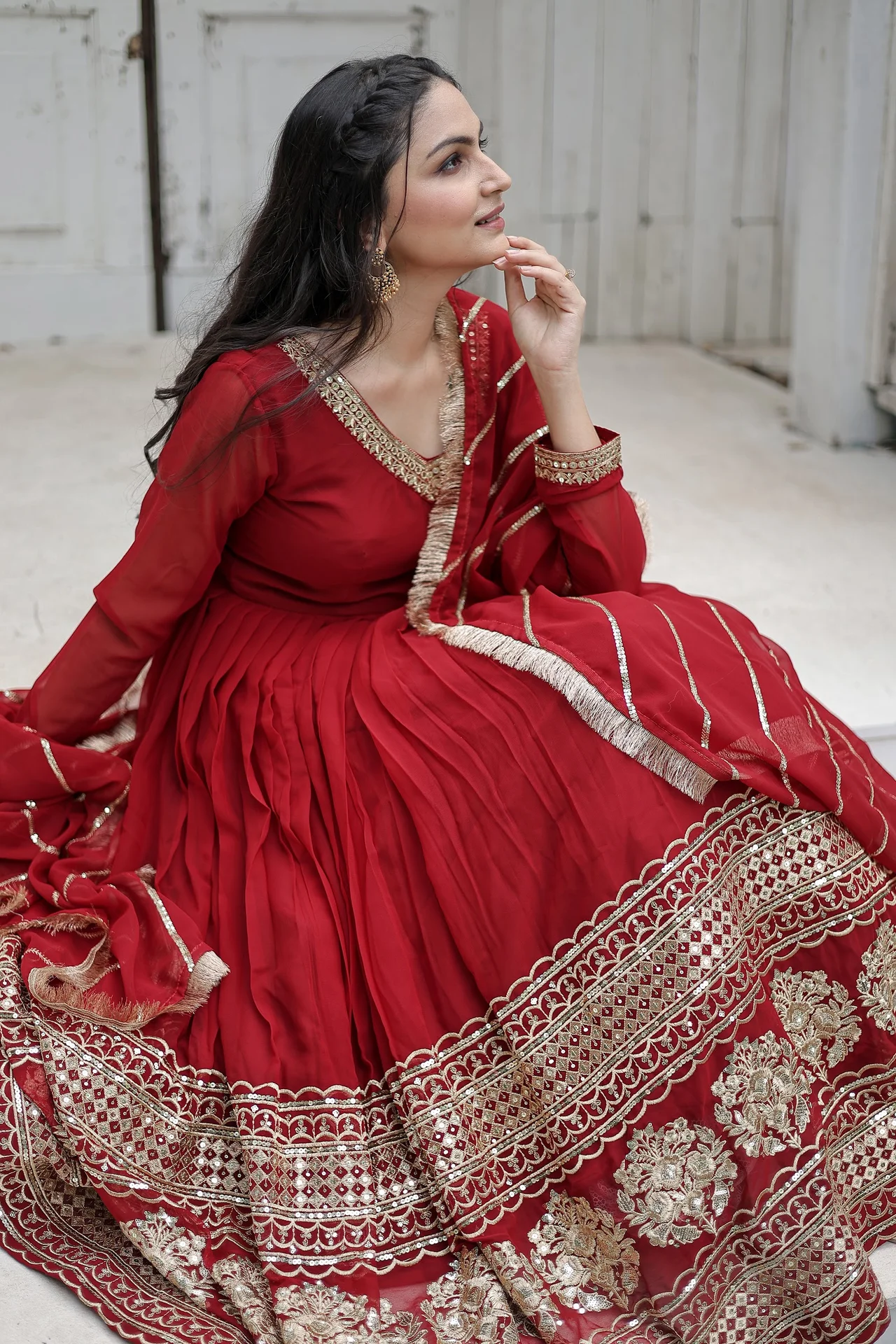 Women's Sequins Embroidered Faux Blooming Gown with Dupatta in Maroon — photo 6 of 7