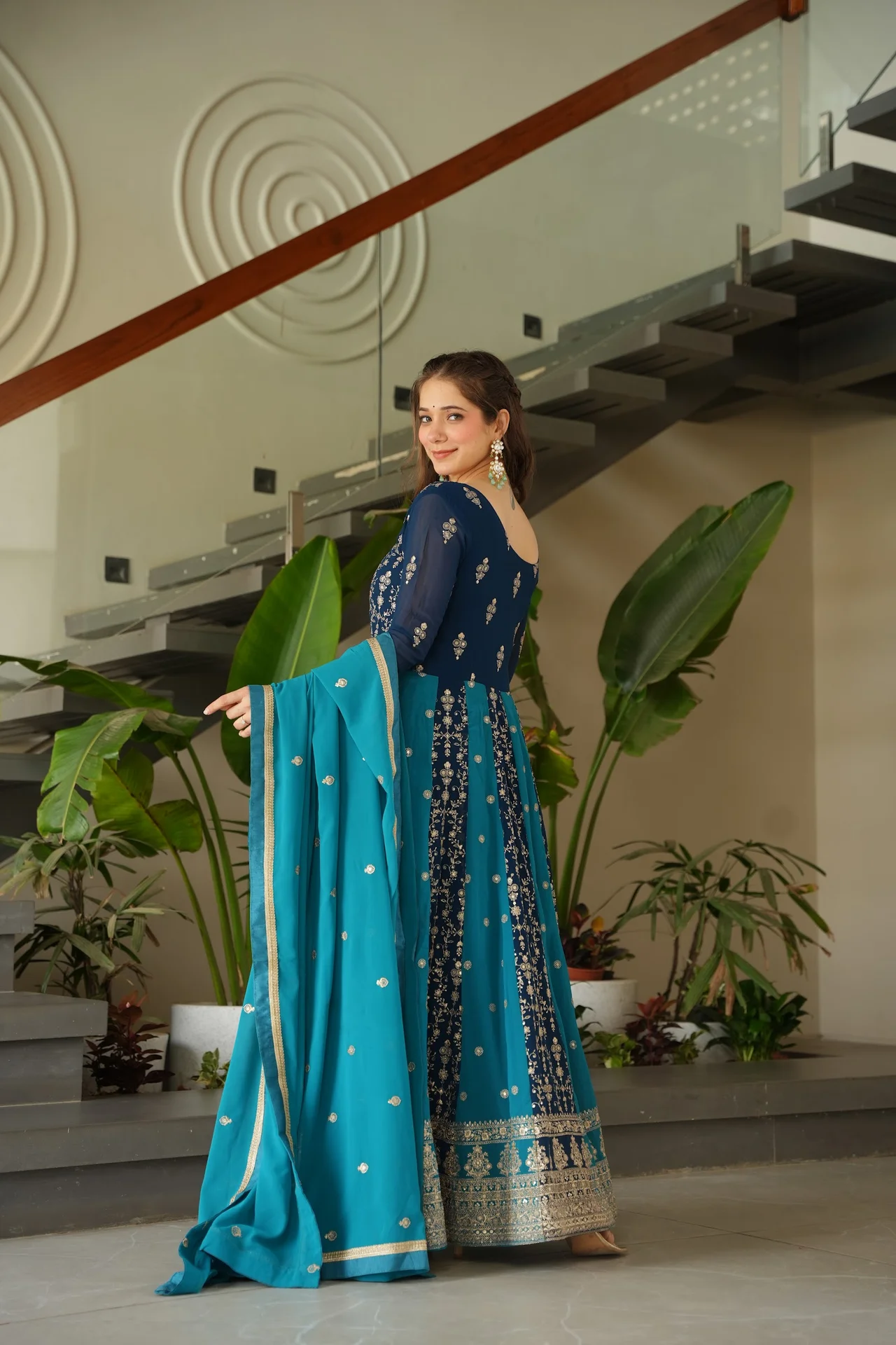 Women's Zari and Sequins Embroidered Faux Blooming Gown with Dupatta in Peacock Blue — photo 2 of 10