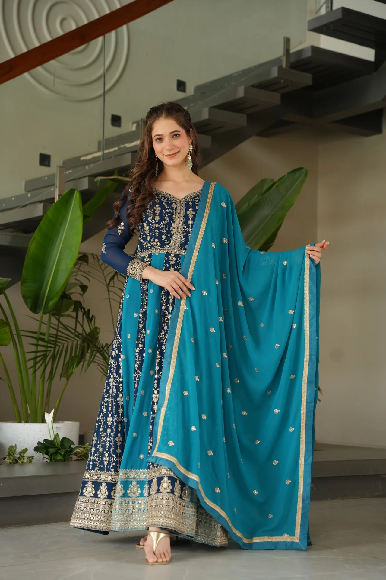 Women's Zari and Sequins Embroidered Faux Blooming Gown with Dupatta in Peacock Blue — photo 3 of 10
