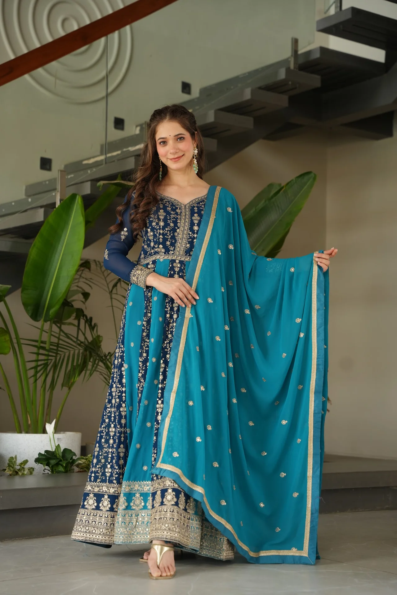 Women's Zari and Sequins Embroidered Faux Blooming Gown with Dupatta in Peacock Blue — photo 4 of 10