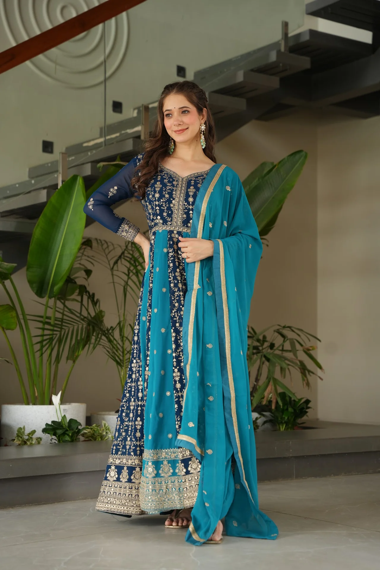 Women's Zari and Sequins Embroidered Faux Blooming Gown with Dupatta in Peacock Blue — photo 5 of 10