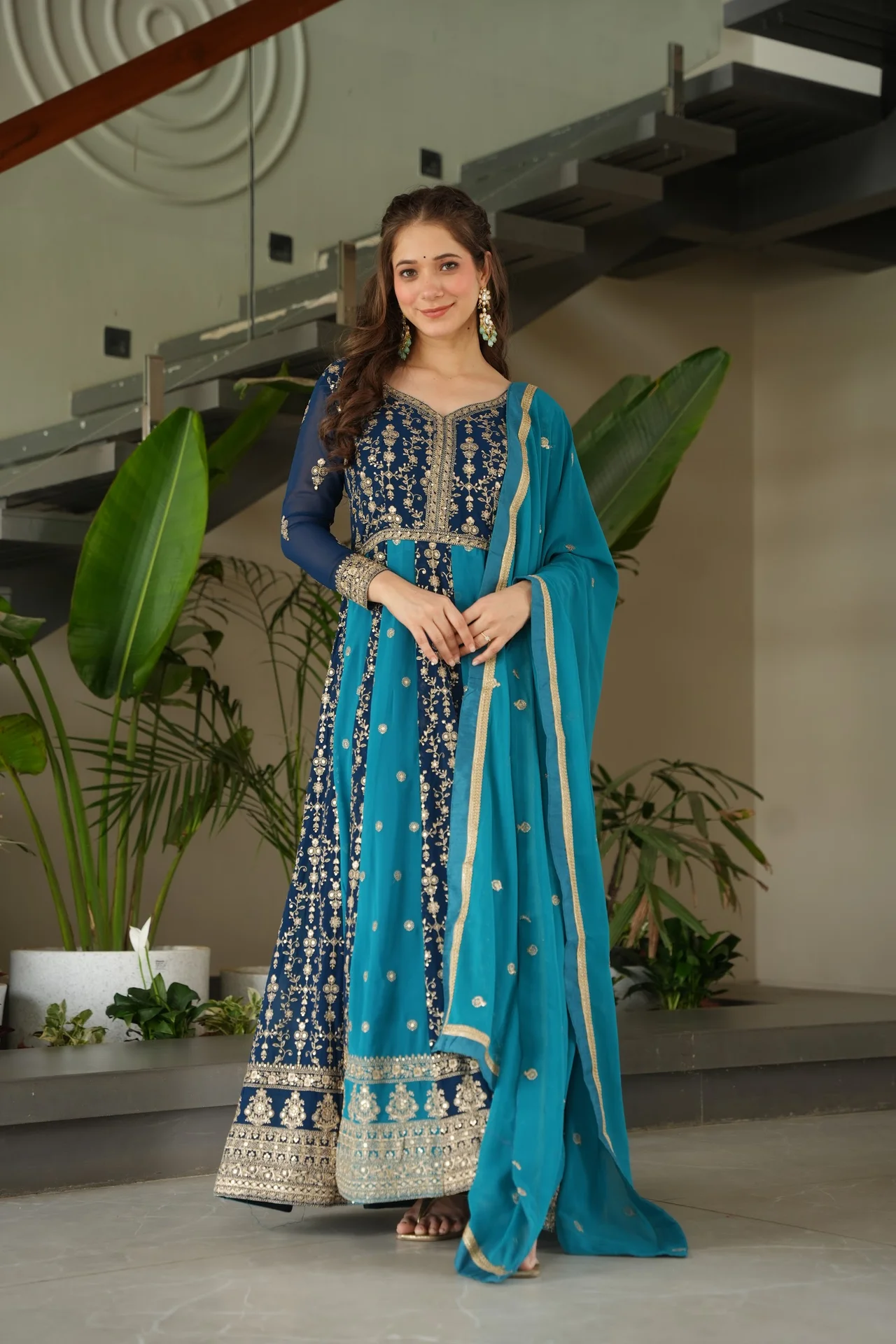 Women's Zari and Sequins Embroidered Faux Blooming Gown with Dupatta in Peacock Blue — photo 6 of 10