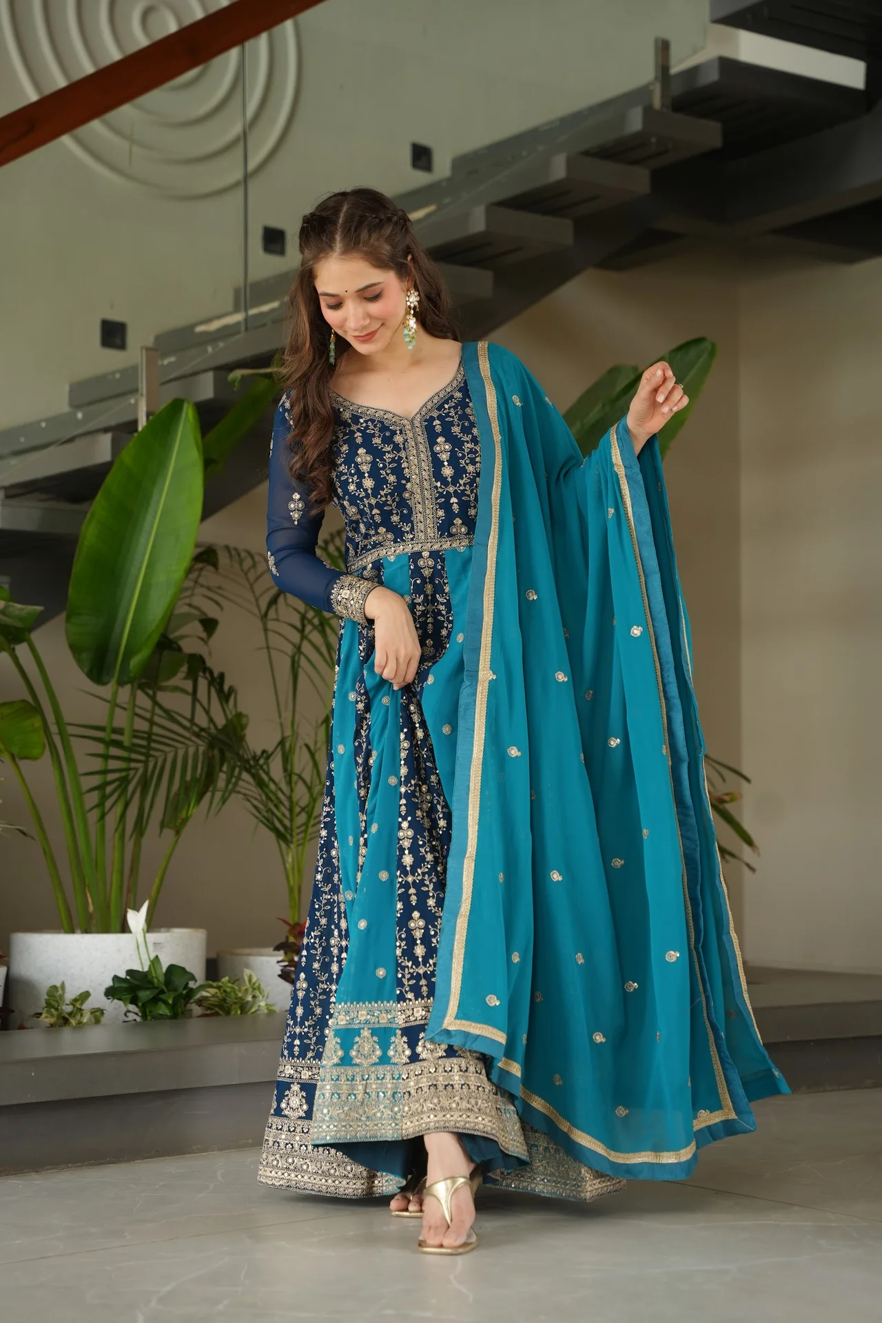 Women's Zari and Sequins Embroidered Faux Blooming Gown with Dupatta in Peacock Blue — photo 7 of 10