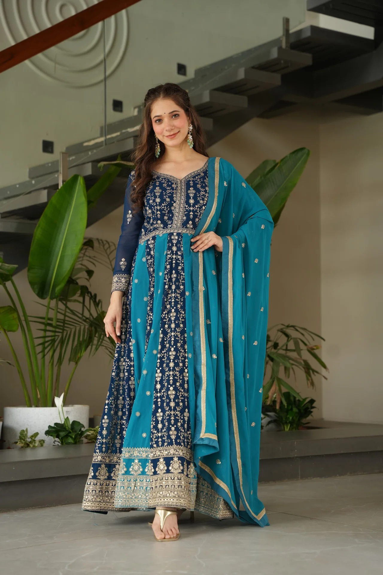 Women's Zari and Sequins Embroidered Faux Blooming Gown with Dupatta in Peacock Blue — photo 8 of 10