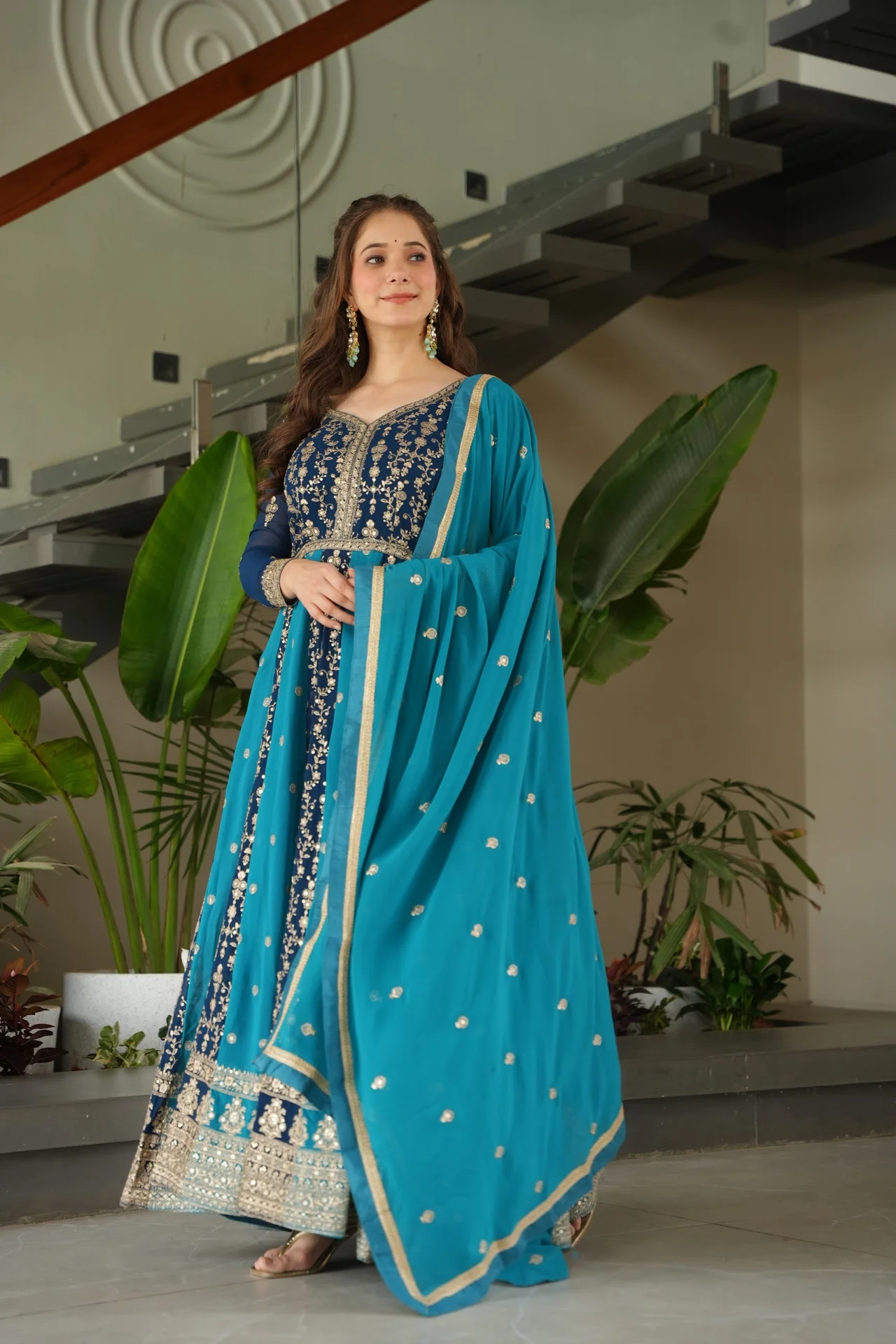 Women's Zari and Sequins Embroidered Faux Blooming Gown with Dupatta in Peacock Blue — photo 9 of 10