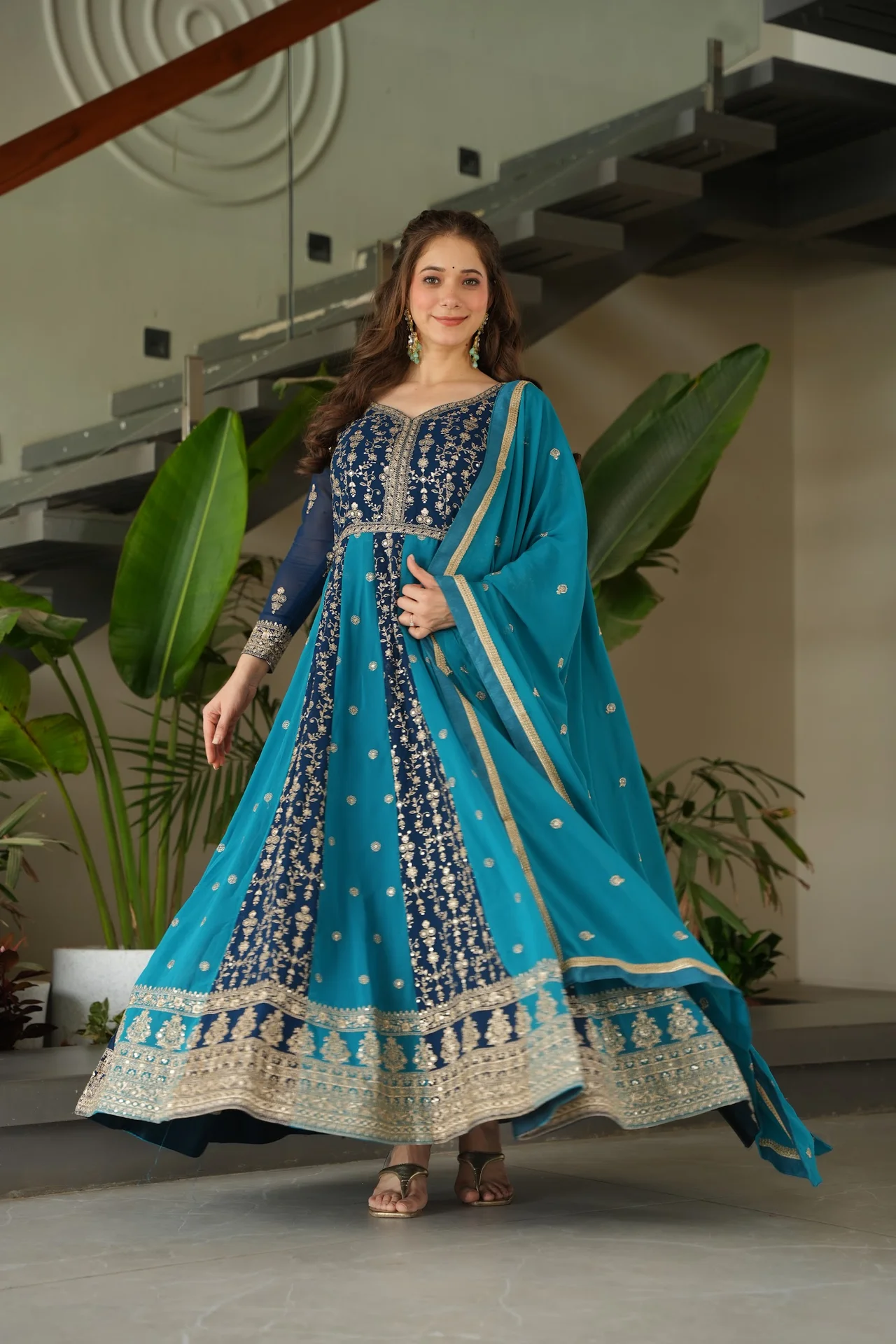 Women's Zari and Sequins Embroidered Faux Blooming Gown with Dupatta in Peacock Blue — photo 10 of 10