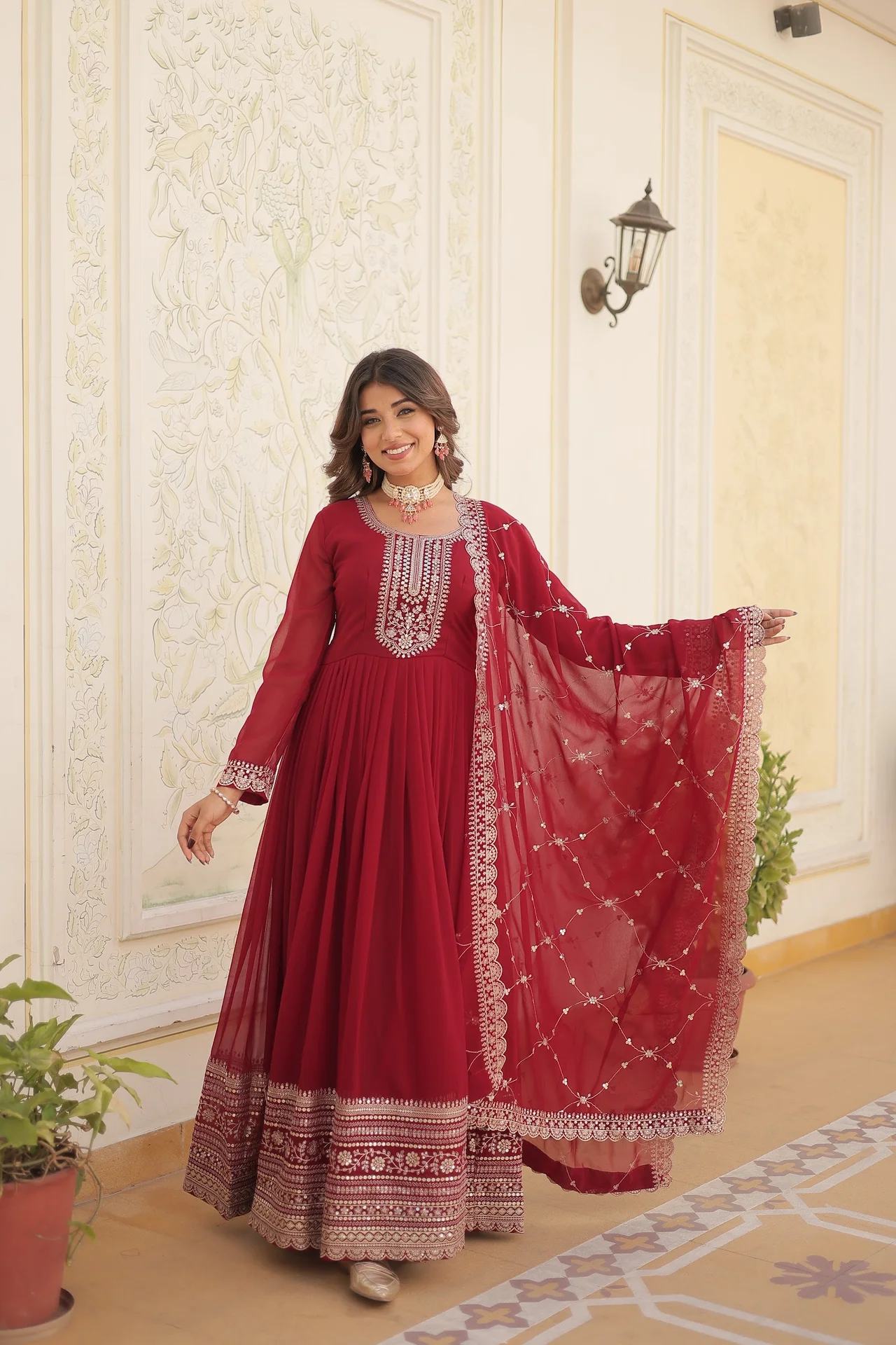Women's Rich Sequins Embroidered Faux Blooming Gown with Dupatta in Maroon — photo 2 of 7