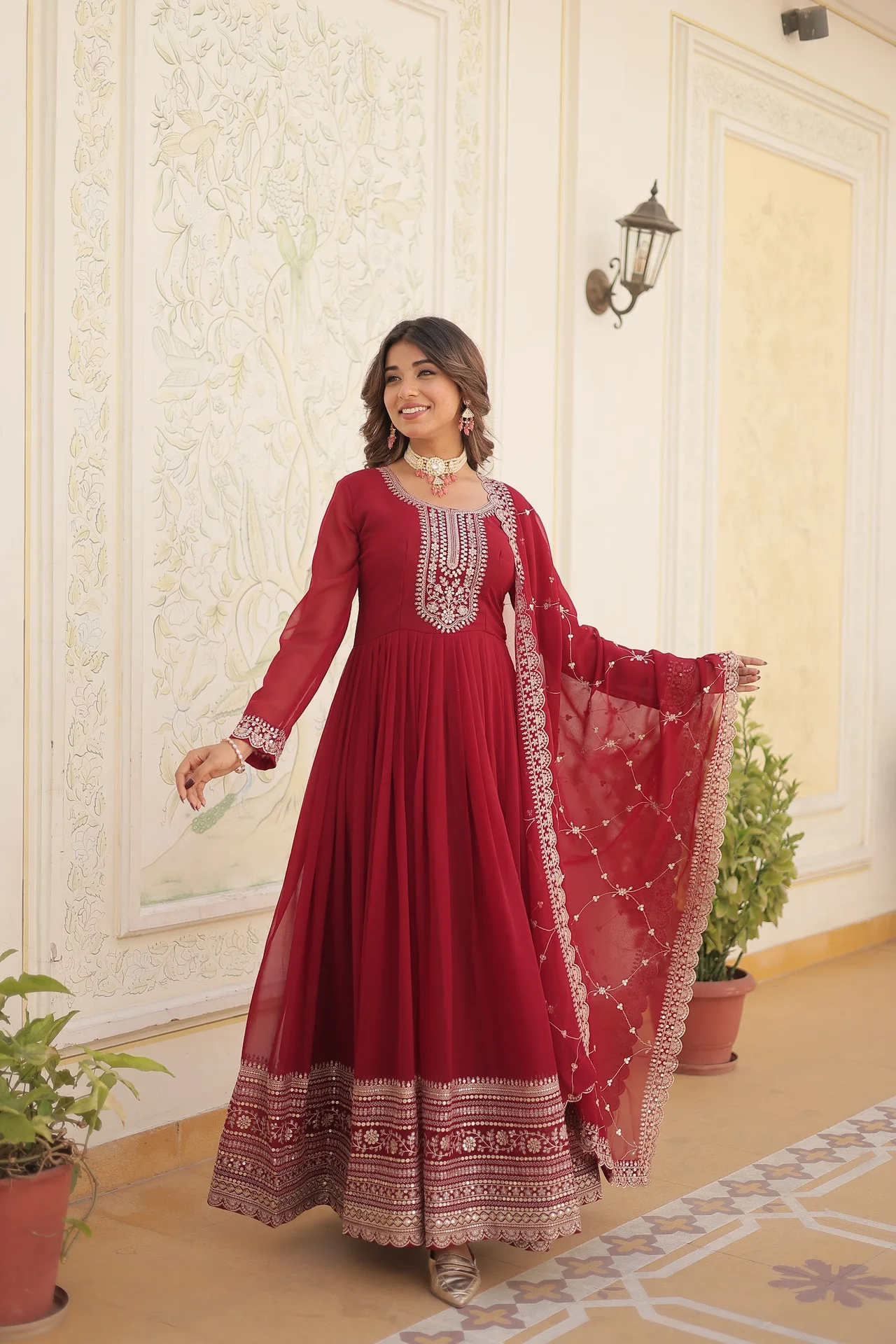 Women's Rich Sequins Embroidered Faux Blooming Gown with Dupatta in Maroon — photo 3 of 7