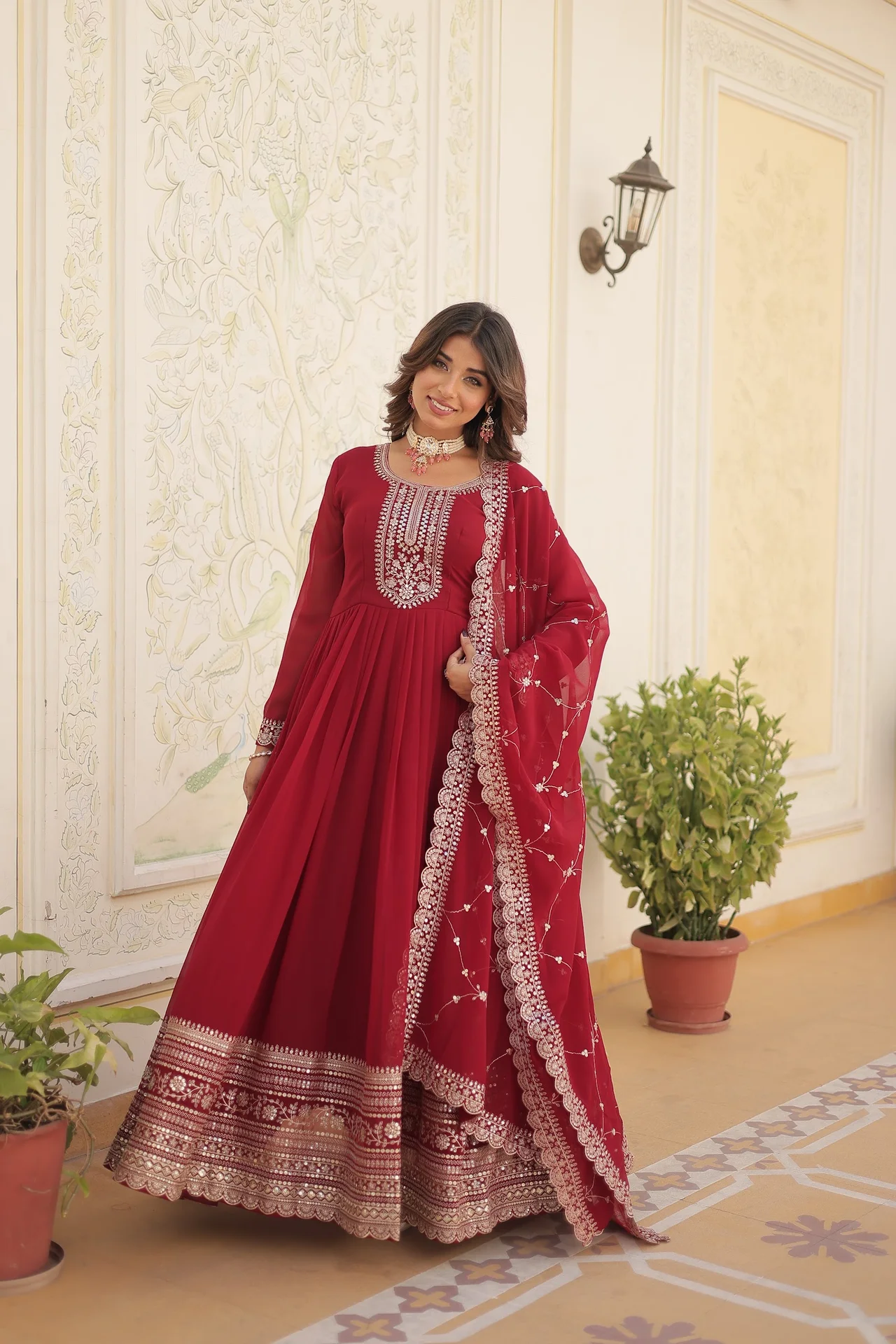 Women's Rich Sequins Embroidered Faux Blooming Gown with Dupatta in Maroon — photo 4 of 7