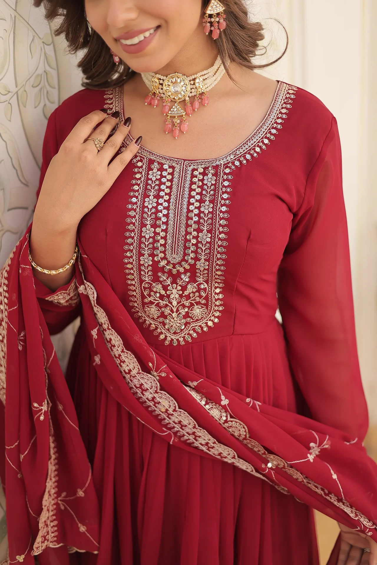 Women's Rich Sequins Embroidered Faux Blooming Gown with Dupatta in Maroon — photo 6 of 7