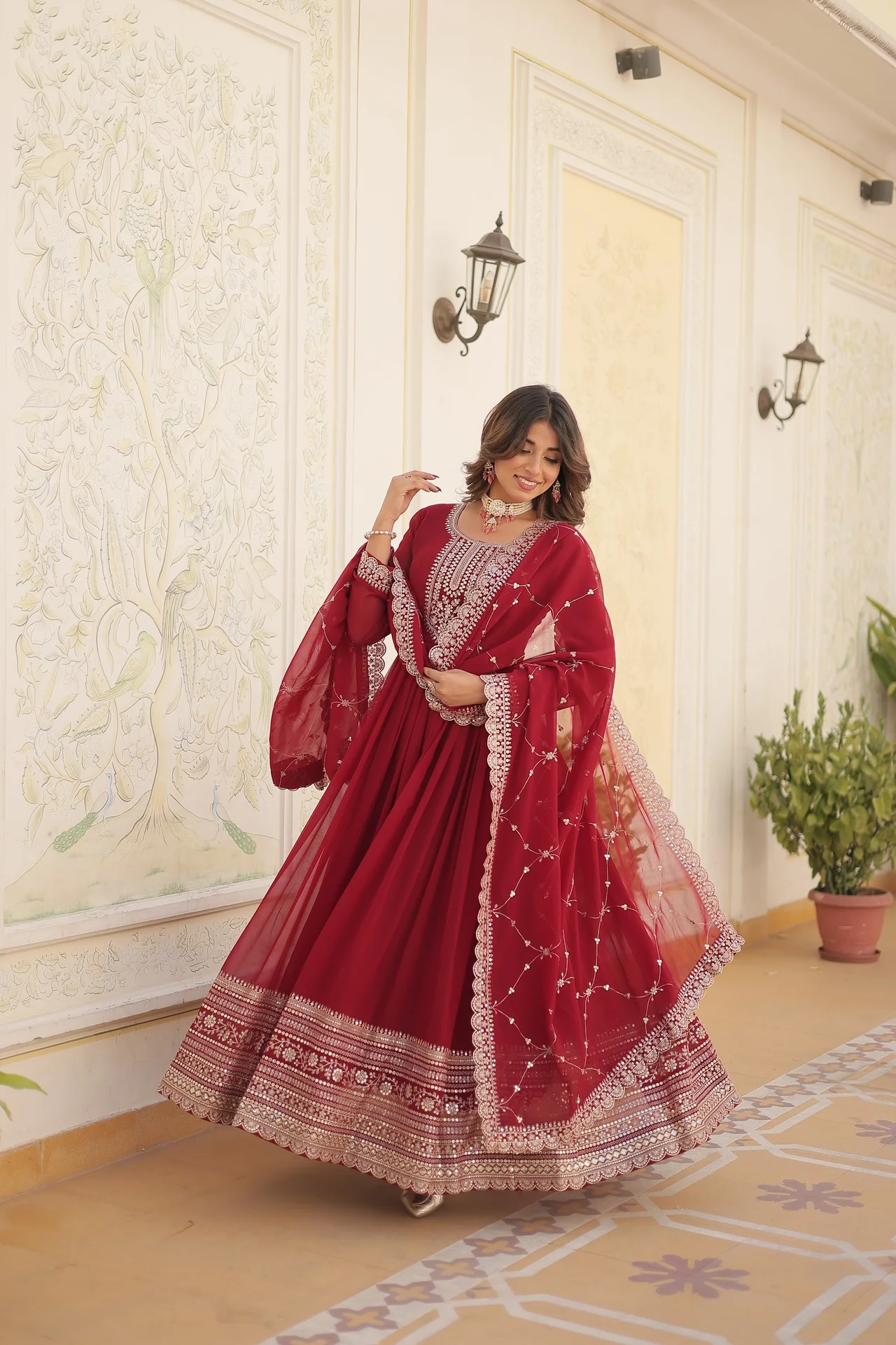 Women's Rich Sequins Embroidered Faux Blooming Gown with Dupatta in Maroon — photo 7 of 7