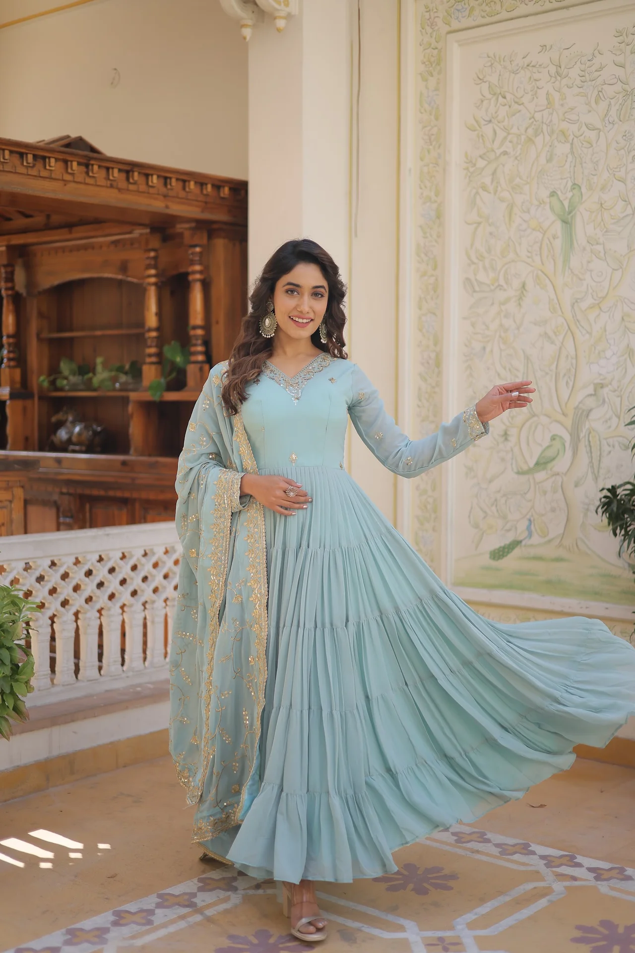 Women's Embroidered Faux Georgette Gown with Dupatta in Sky Blue — photo 2 of 7