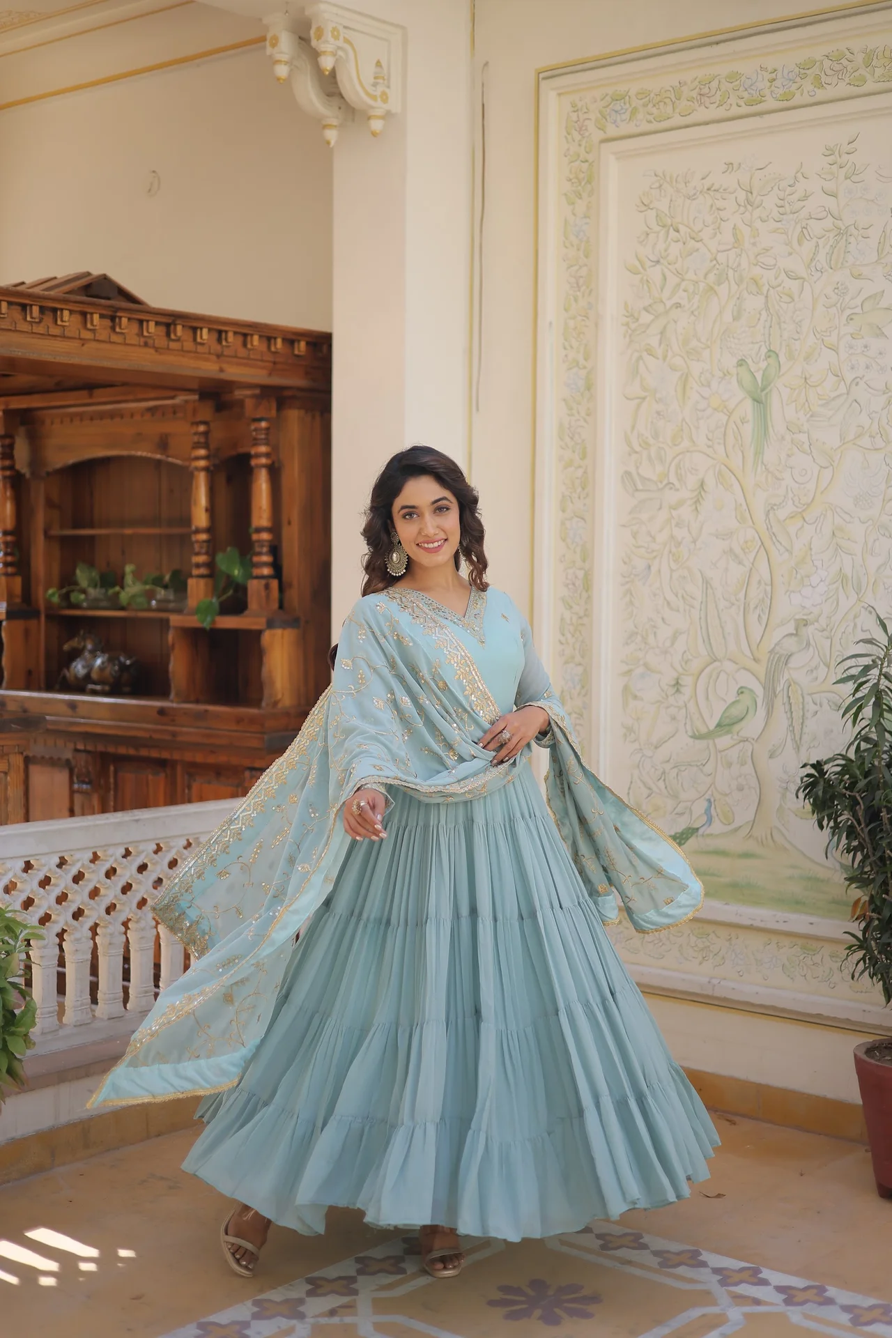 Women's Embroidered Faux Georgette Gown with Dupatta in Sky Blue — photo 3 of 7
