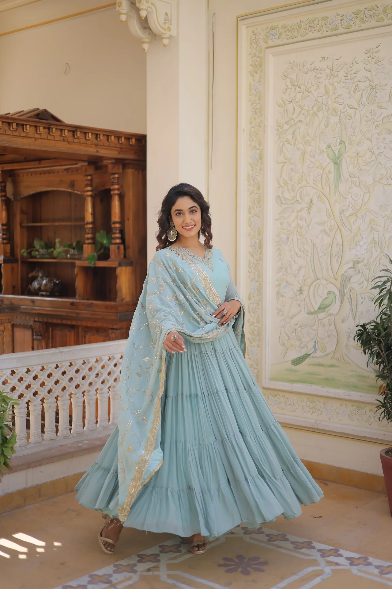 Women's Embroidered Faux Georgette Gown with Dupatta in Sky Blue — photo 4 of 7