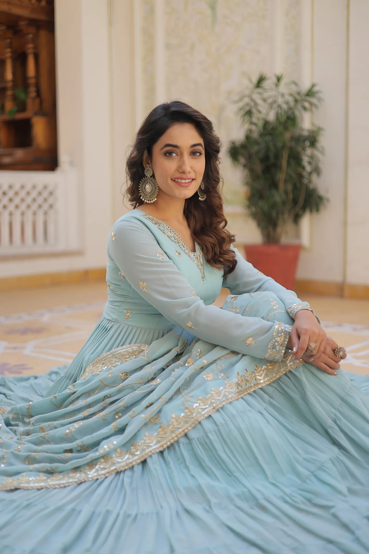 Women's Embroidered Faux Georgette Gown with Dupatta in Sky Blue — photo 5 of 7
