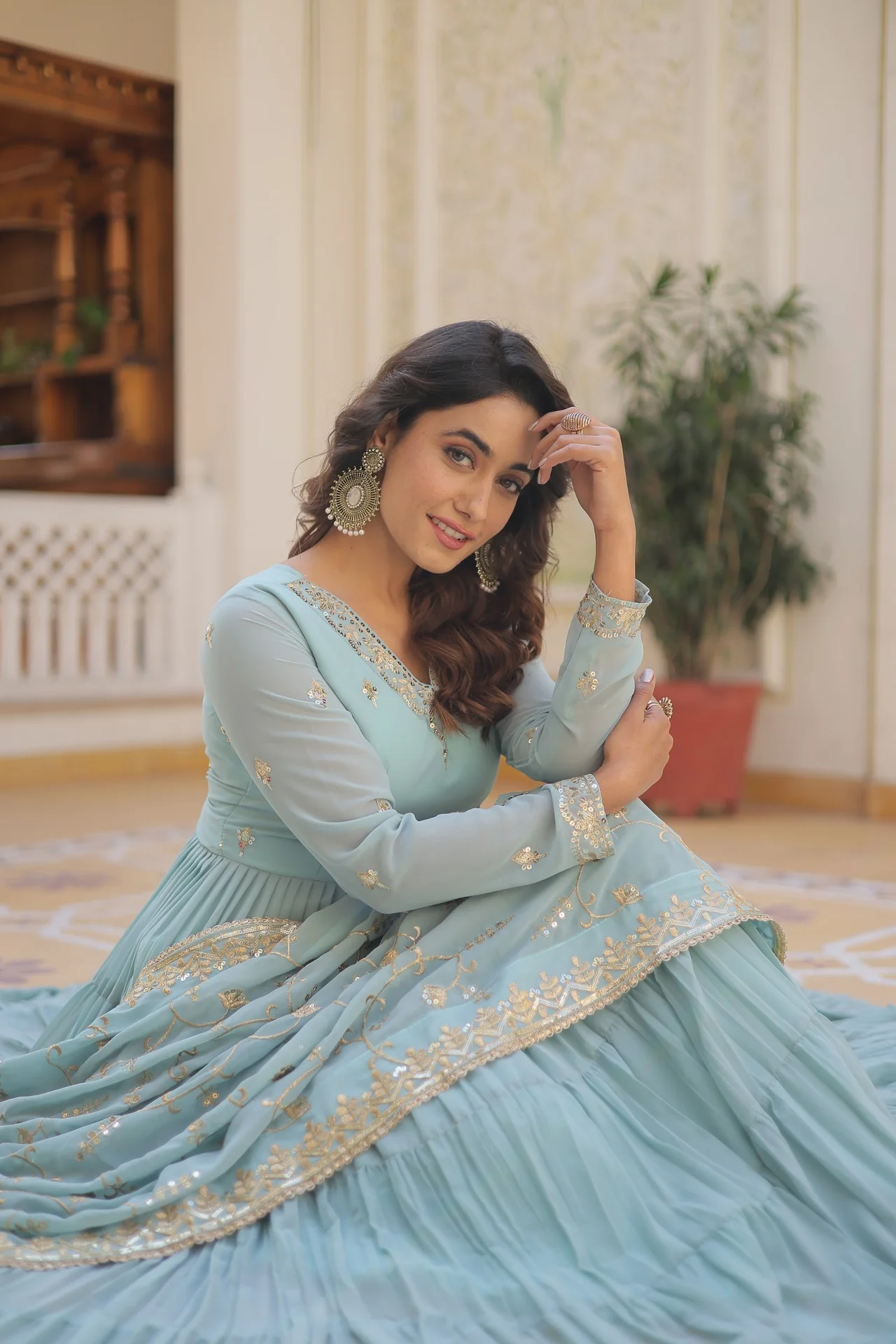 Women's Embroidered Faux Georgette Gown with Dupatta in Sky Blue — photo 6 of 7