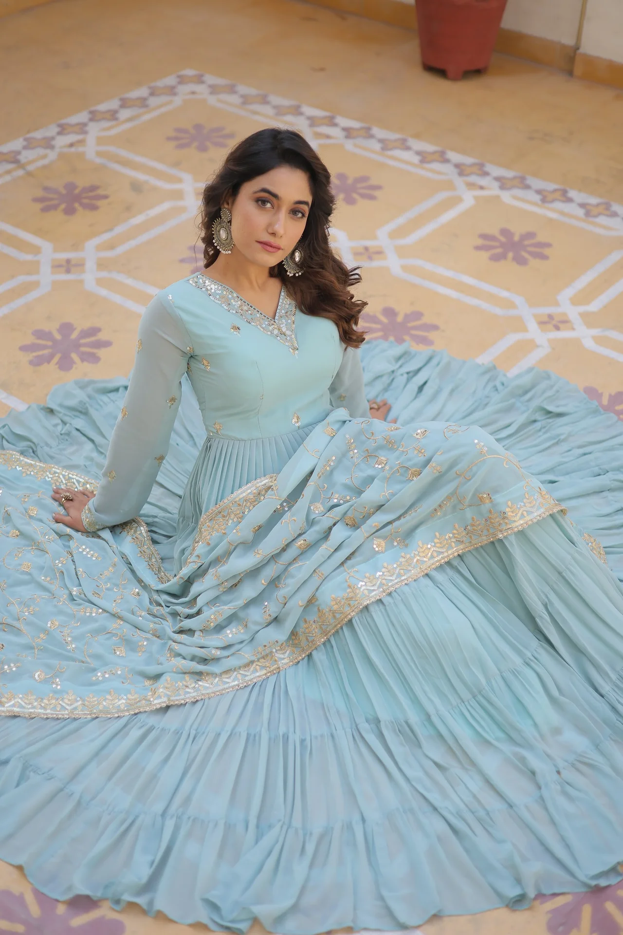 Women's Embroidered Faux Georgette Gown with Dupatta in Sky Blue — photo 7 of 7
