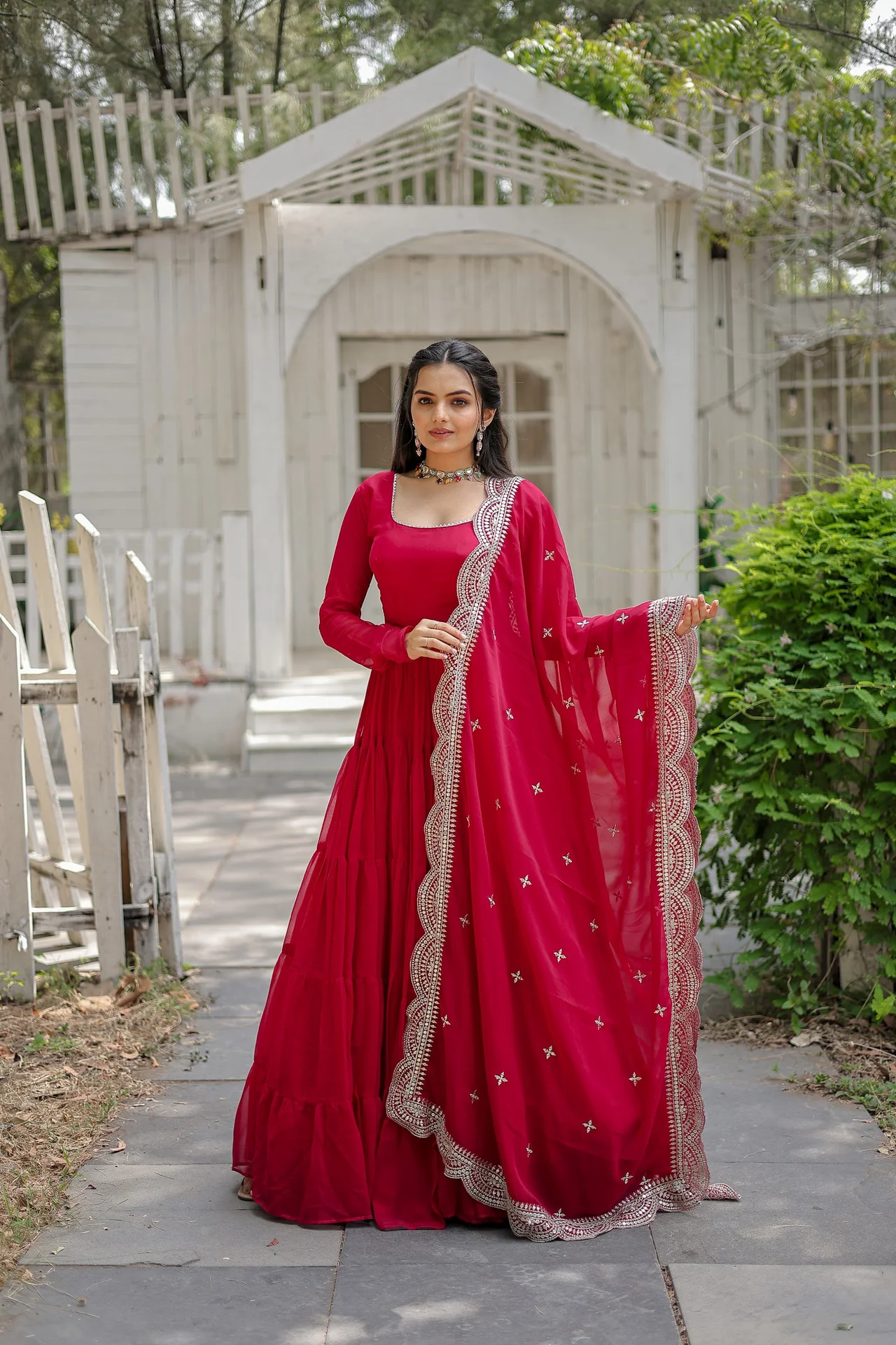 Women's Faux Blooming Gown with Dupatta in Rani Pink — photo 3 of 6