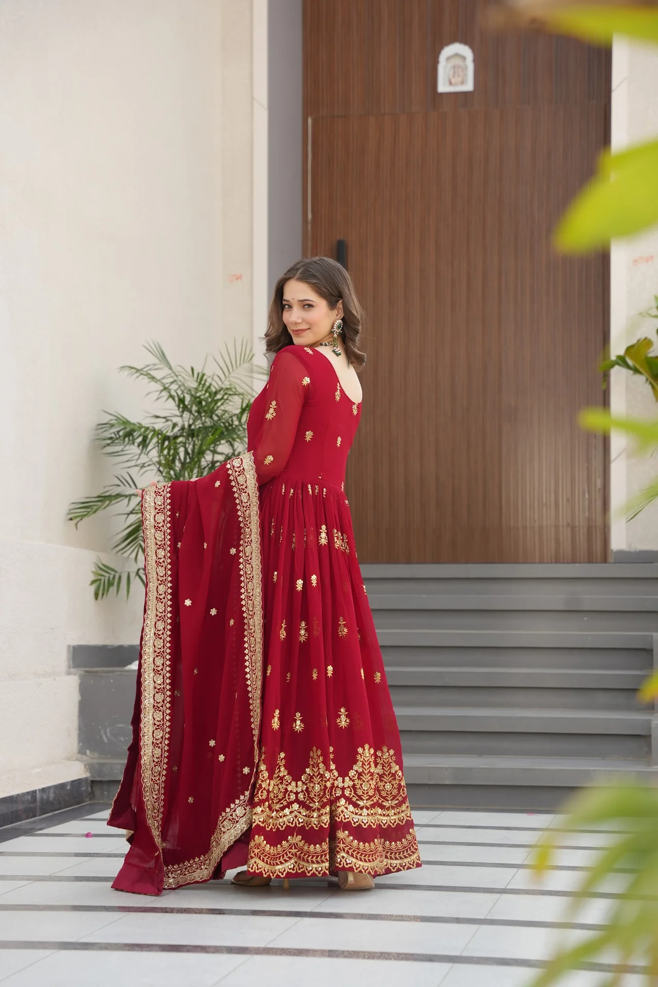 Women's Zari and Sequins Embroidered Faux Blooming Gown with Dupatta in Maroon — photo 2 of 9