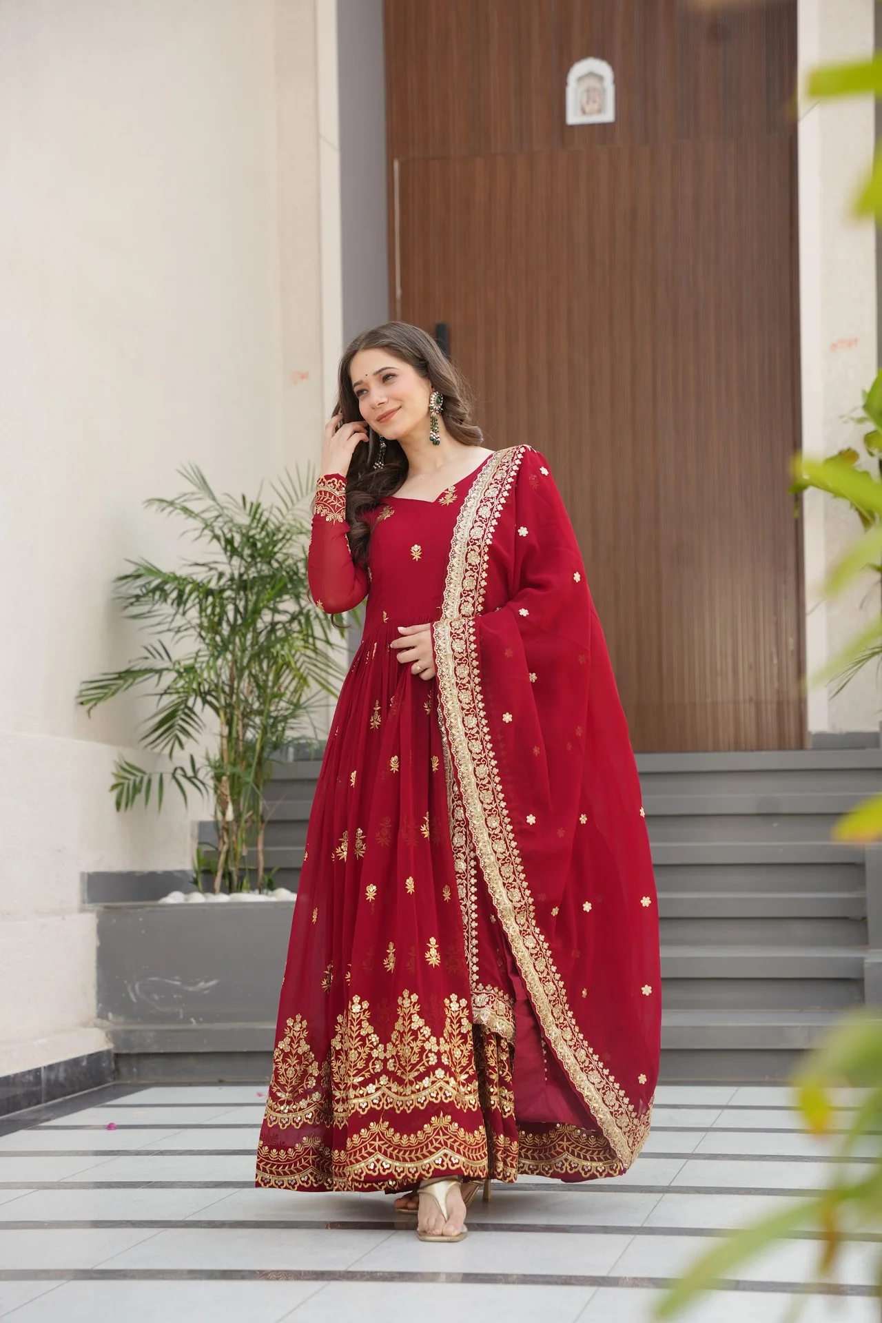Women's Zari and Sequins Embroidered Faux Blooming Gown with Dupatta in Maroon — photo 4 of 9