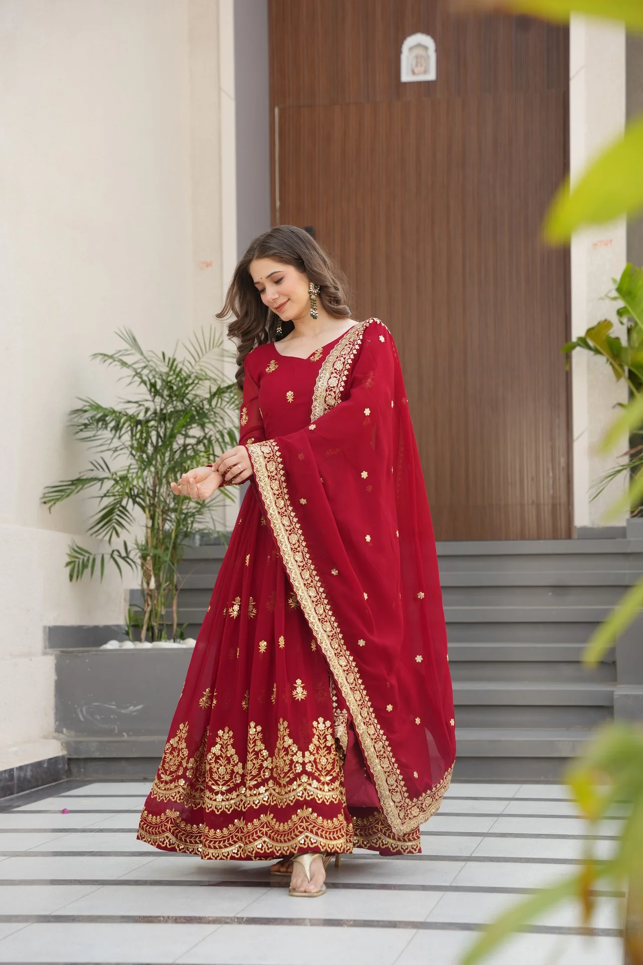 Women's Zari and Sequins Embroidered Faux Blooming Gown with Dupatta in Maroon — photo 5 of 9
