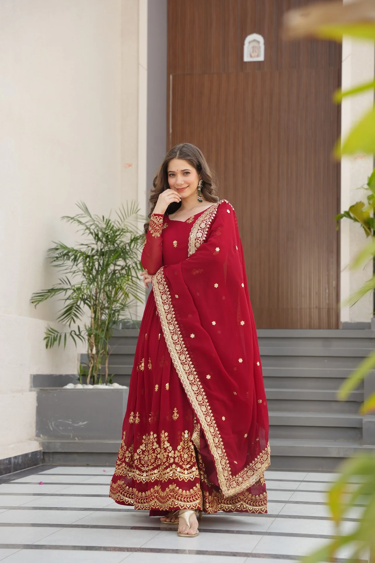 Women's Zari and Sequins Embroidered Faux Blooming Gown with Dupatta in Maroon — photo 6 of 9