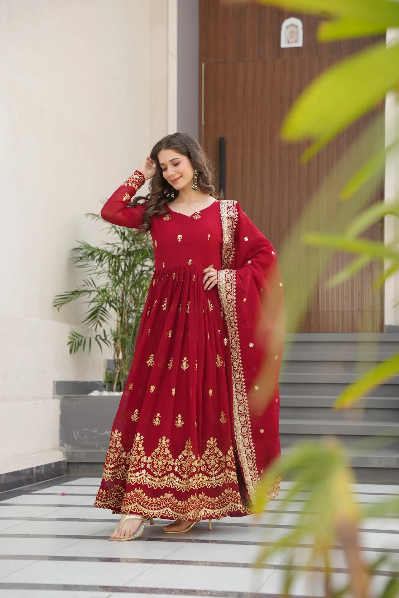 Women's Zari and Sequins Embroidered Faux Blooming Gown with Dupatta in Maroon — photo 7 of 9